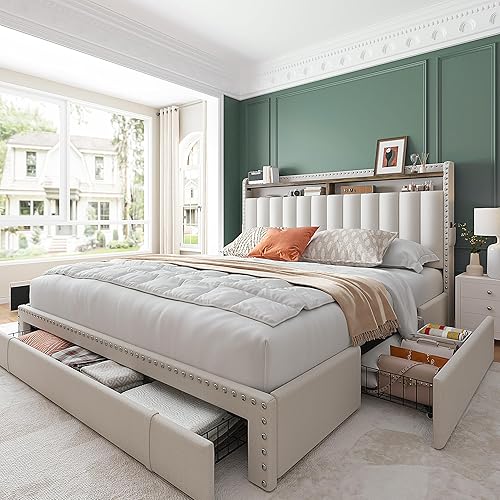 EnHomee Queen Bed Frame with 3 Storage Drawers, Upholstered Bed Frame Queen Size with 2-Tier Storage Headboard, Wooden Slats, No Box Spring Needed, Noise-Free, Beige