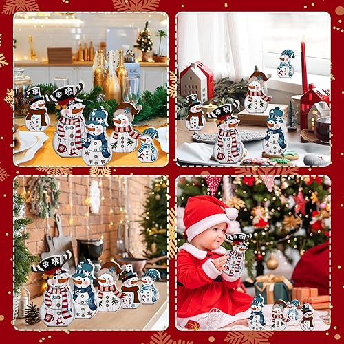 Miniatura 6 de Soaoo 5 piezas de muñeco de nieve de Navidad decoración de mesa de invierno muñeco de nieve decoraciones de mesa de madera centros de mesa de