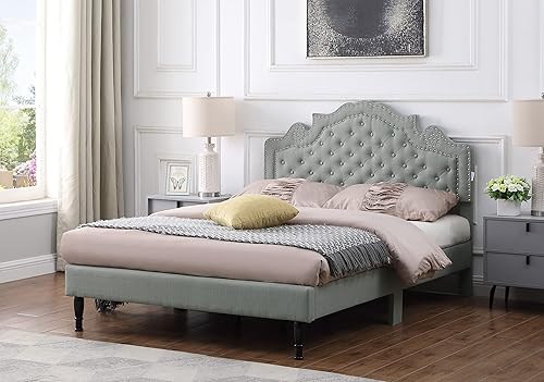 Miniatura 3 de Base de cama de plataforma tapizada completa con cabecero ajustable de 47 pulgadas de alto, cama de lino con botones, soporte de listones de madera