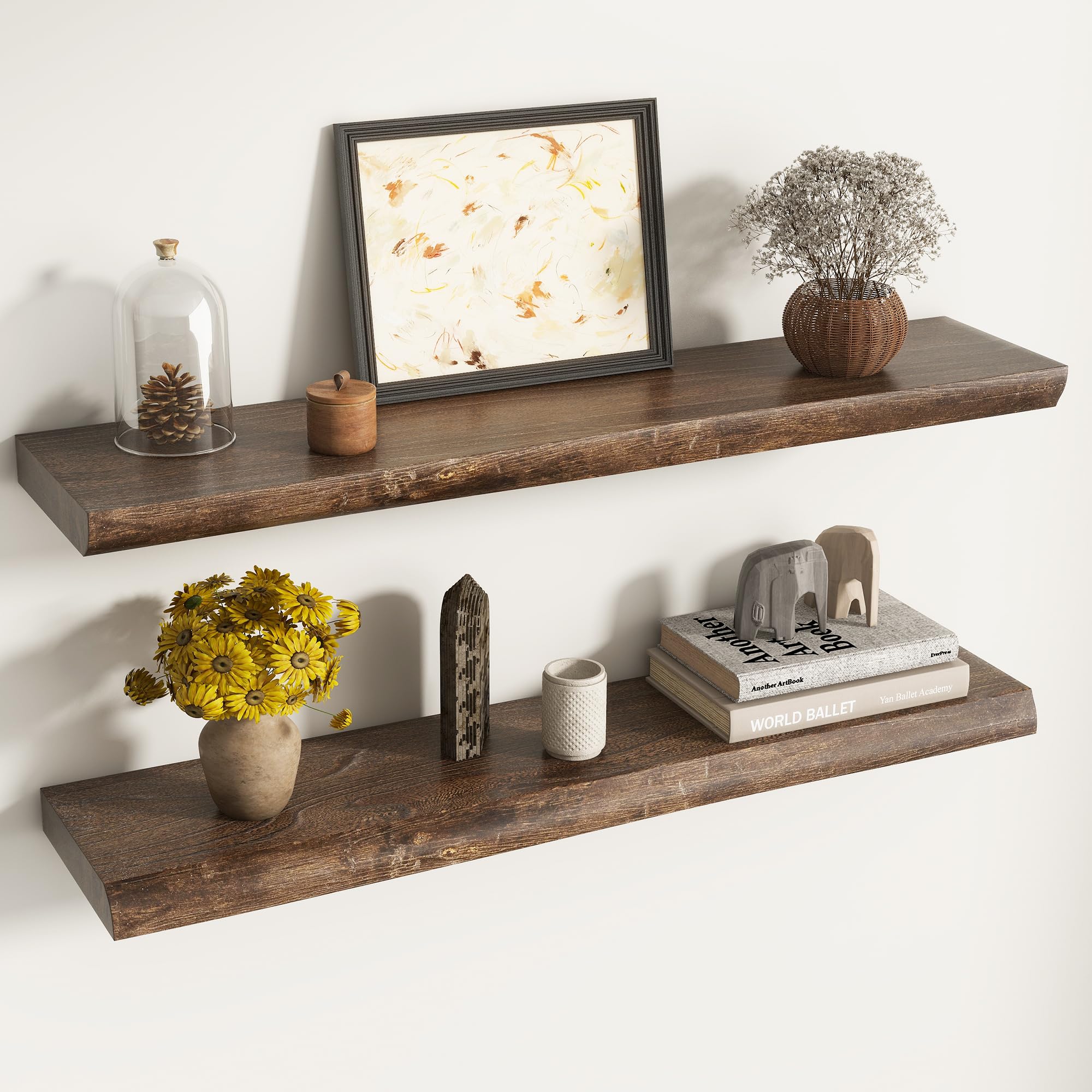 Solid Wood Floating Shelves 90 cm, Live Edge, Natural Unique, Walnut, 2pcs
