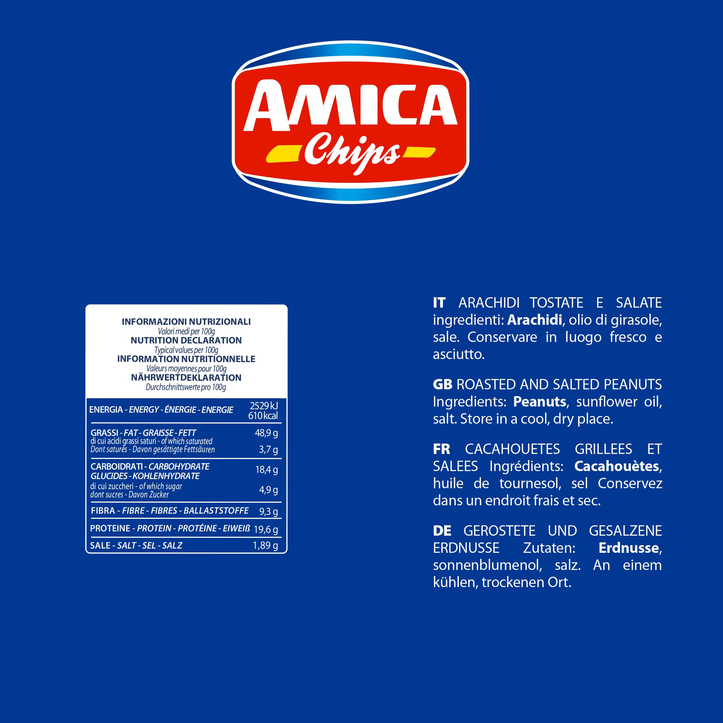 AMICA Chips | Arachidi Tostate e Salate, Snack Salato Classico, Ideale per Aperitivo, Con Olio di Semi di Girasole, 24 Pezzi x 250 gr
