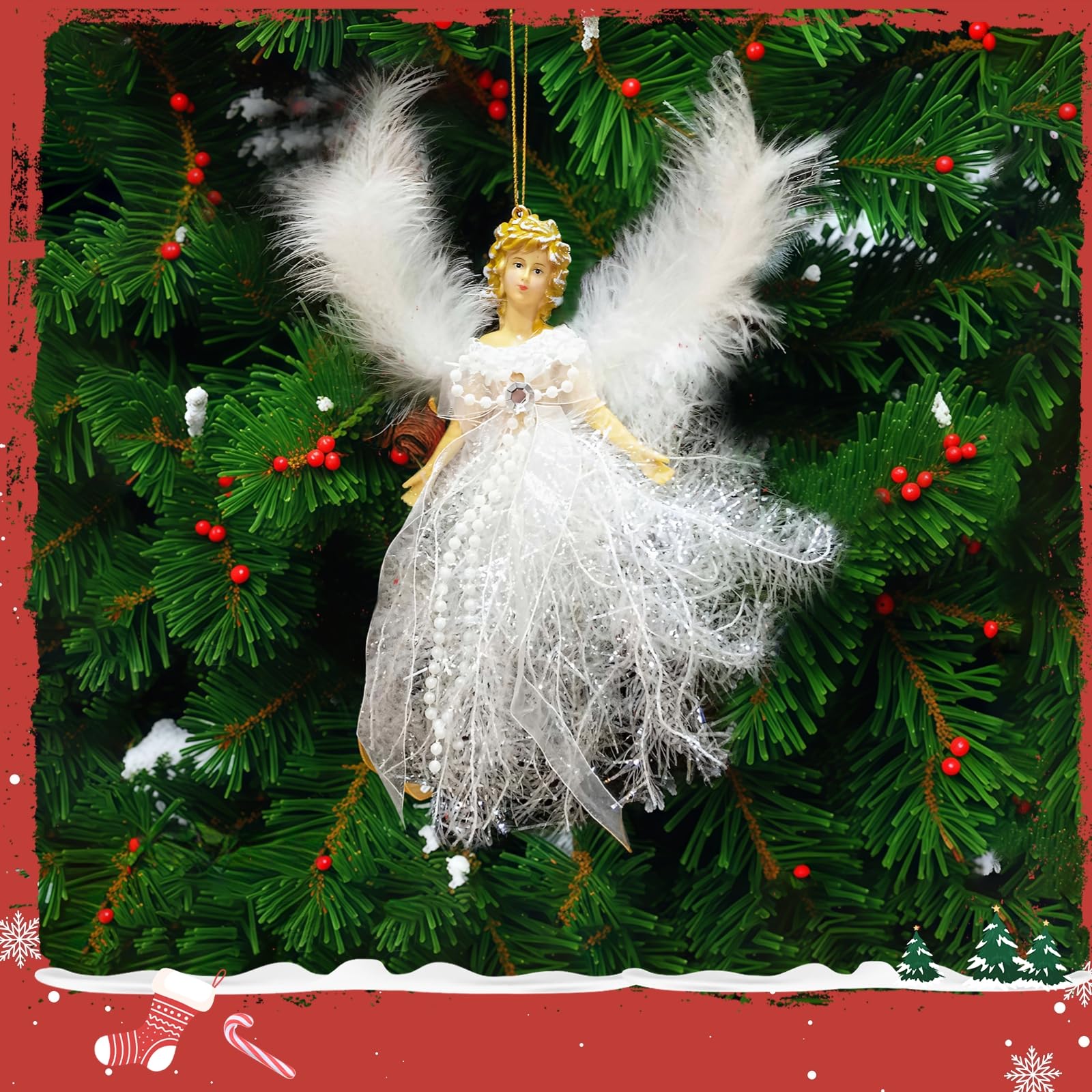 Ornements d’Ange de Noël, Lot de 6, décorations d’Arbre avec Ailes en Plumes Blanches, poupées Ange suspendues avec Cheveux dorés, décoration de Maison pour Sapin de Noël et Ambiance Festive