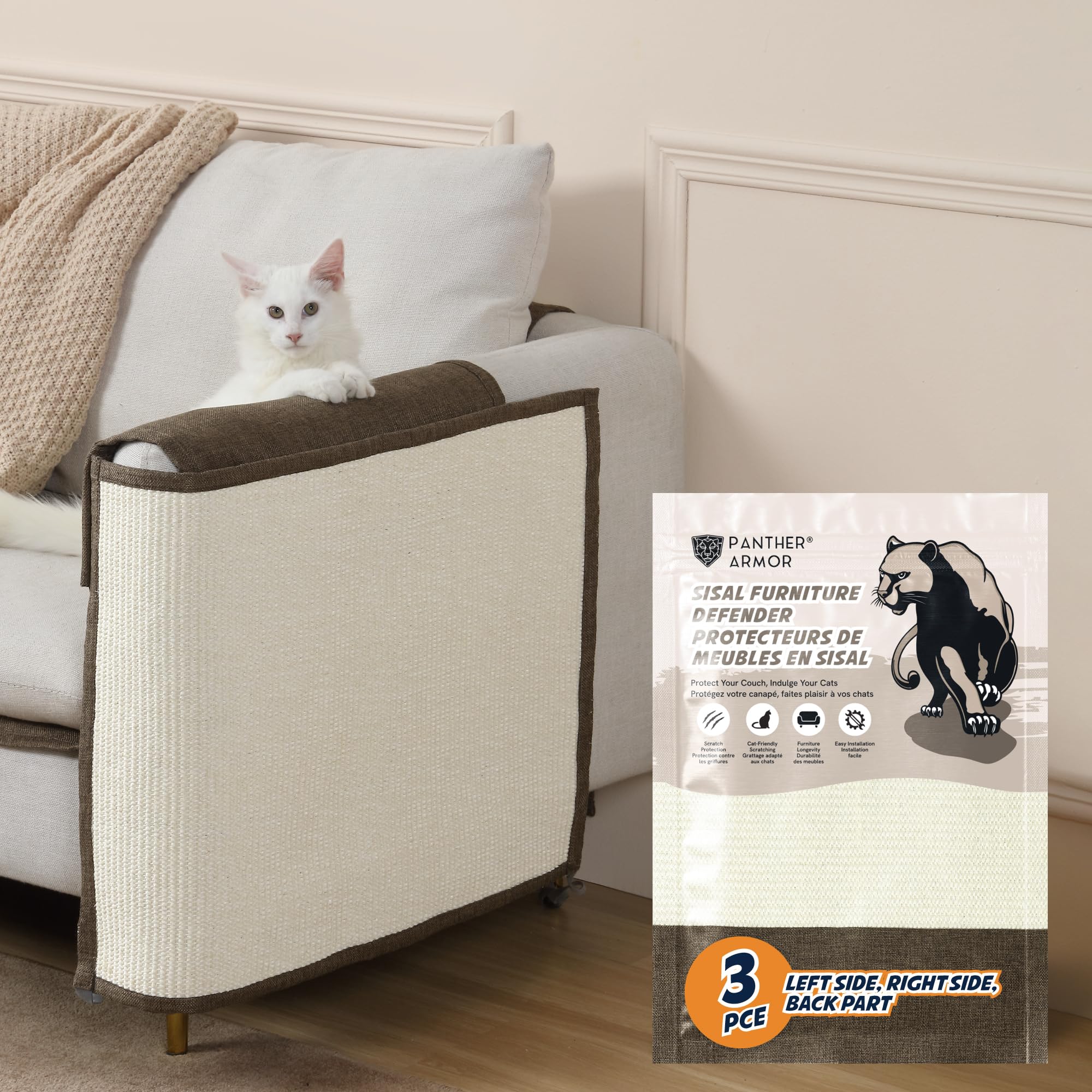 Panther ArmorSisal Scratching Mats for Sofa [3pcs - Left & Right Arm, Back Rest, Brown] - Scratch Pads and Couch Protector from Cat Scratching - Furniture Protector