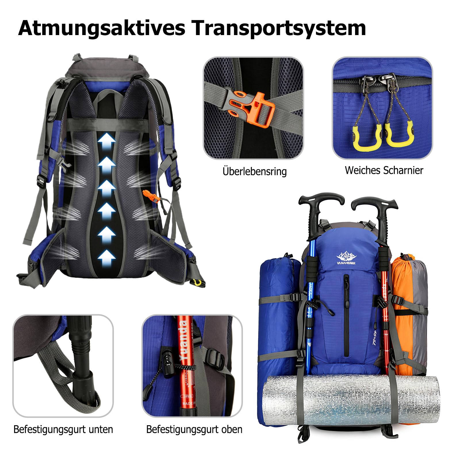 50L Wanderrucksack Wasserdichter Rucksack Reiserucksack mit Regenhülle Herren Damen Backpack für Wandern Bergsteigen Camping Reisen Sport Rot