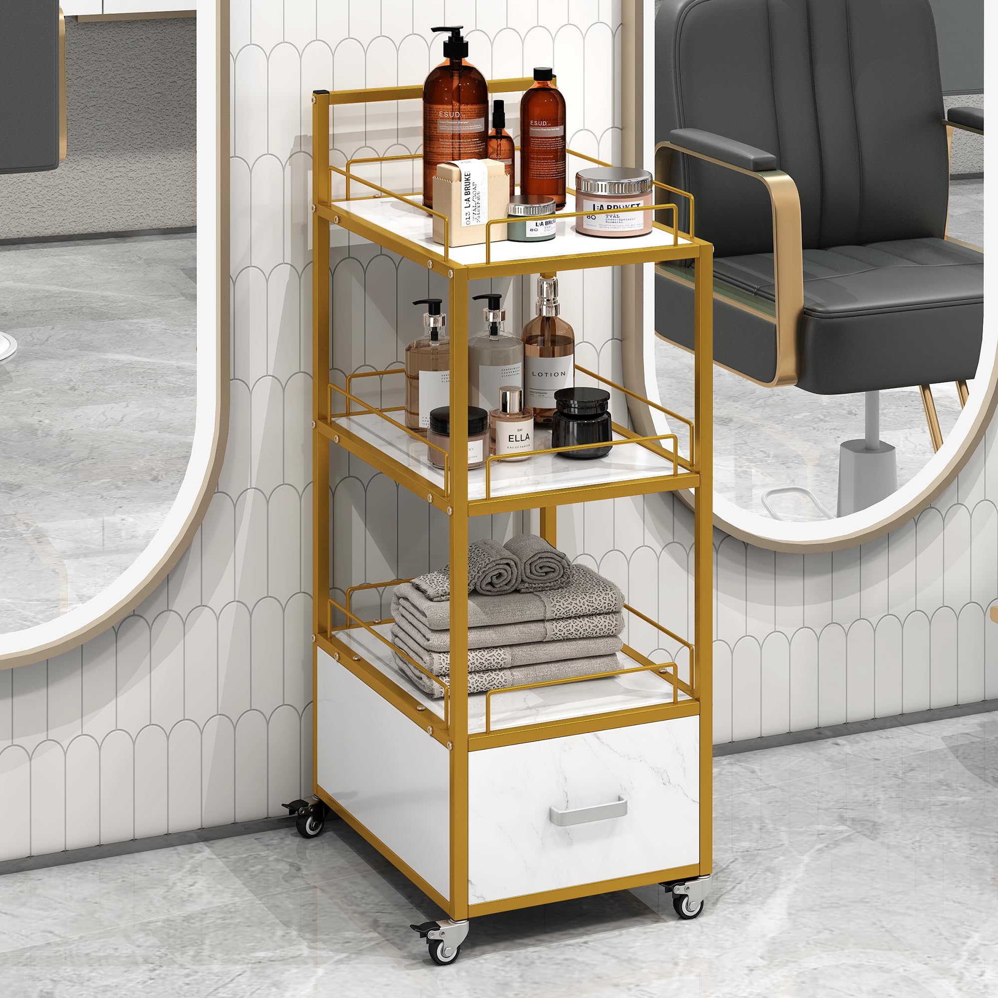 Salon Cart With Wheels Metal Frame And Marbled Board Hairdresser