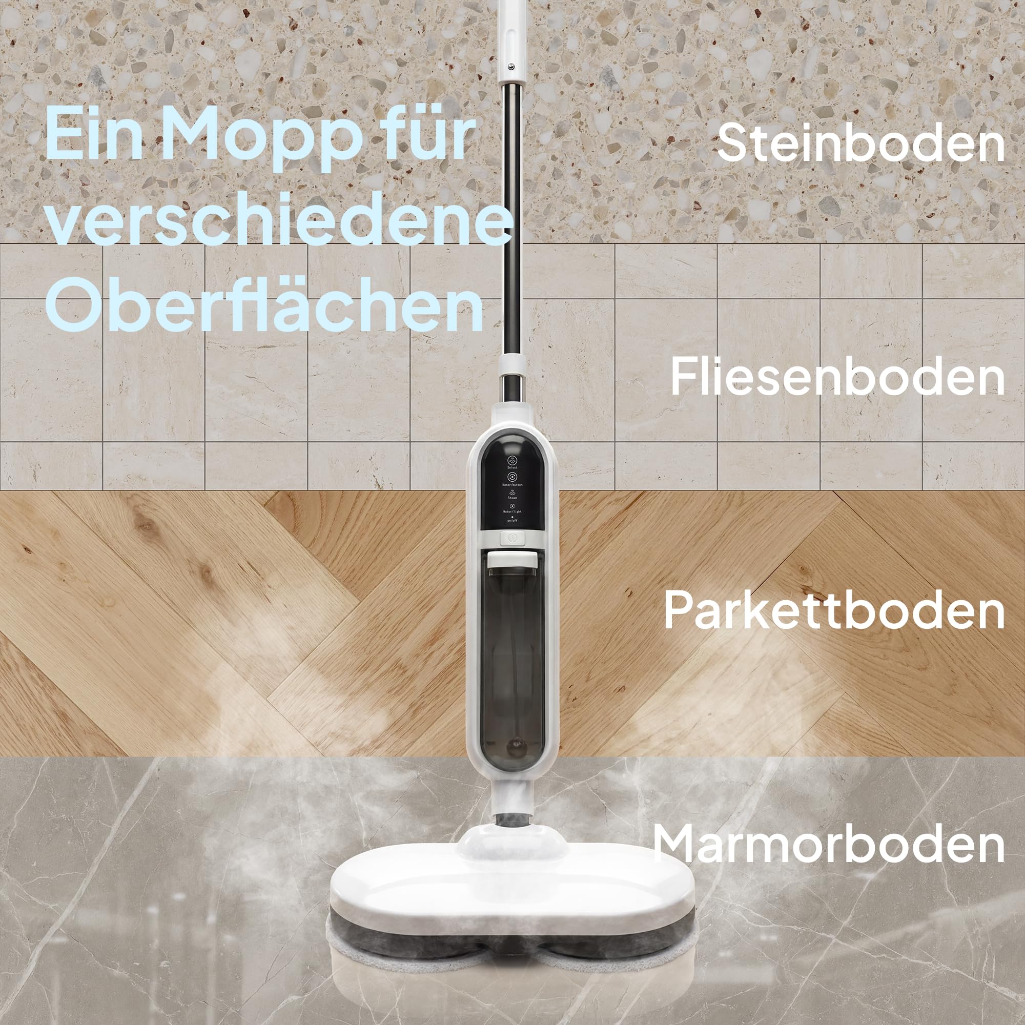 Livatro Dampfreiniger für Hartböden mit rotierendem Wischkopf | 1300 W, Dampf in ca. 30 s, 500-ml-Tank, 15 Zubehörteile, 5-m-Kabel und 4 waschbare Pads