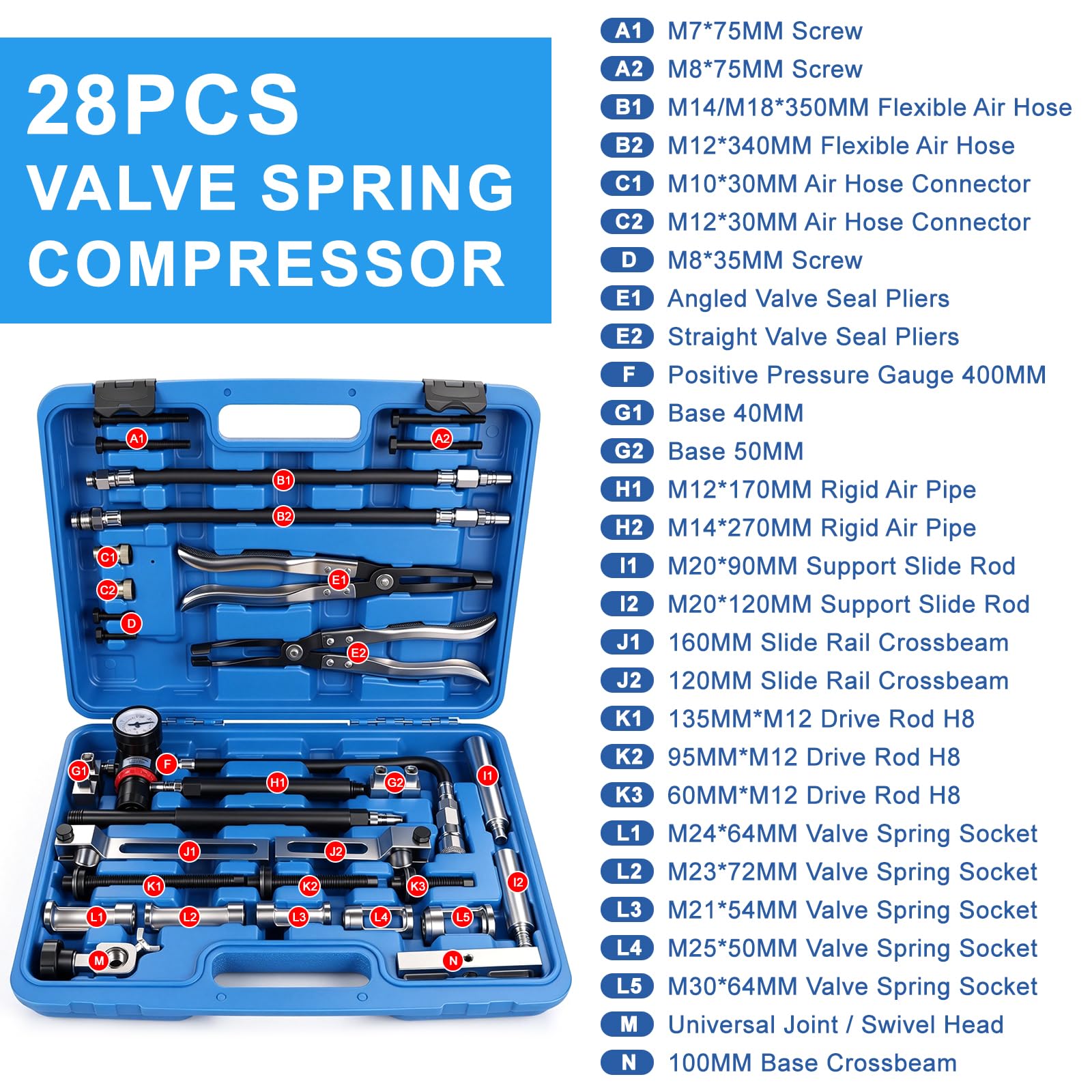 CPROSP Druckluft Ventilfederspanner Universal Montage 35-TLG, Wechseln Ventilschaftdichtung Werkzeug kfz mit Zylinderdruckprüfer, Passt für 8 16 und 24 Ventilmotoren, OHV OHC