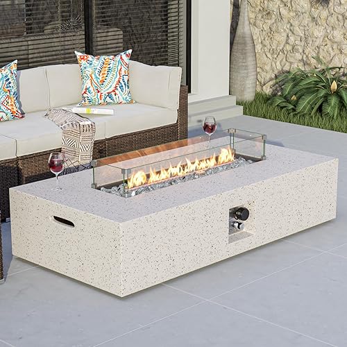Miniatura 1 de COSIEST Mesa para fogata de propano para exteriores, 56 x 28 pulgadas, rectangular, acabado de hormigón blanco terrazo, quemador de acero inoxidable