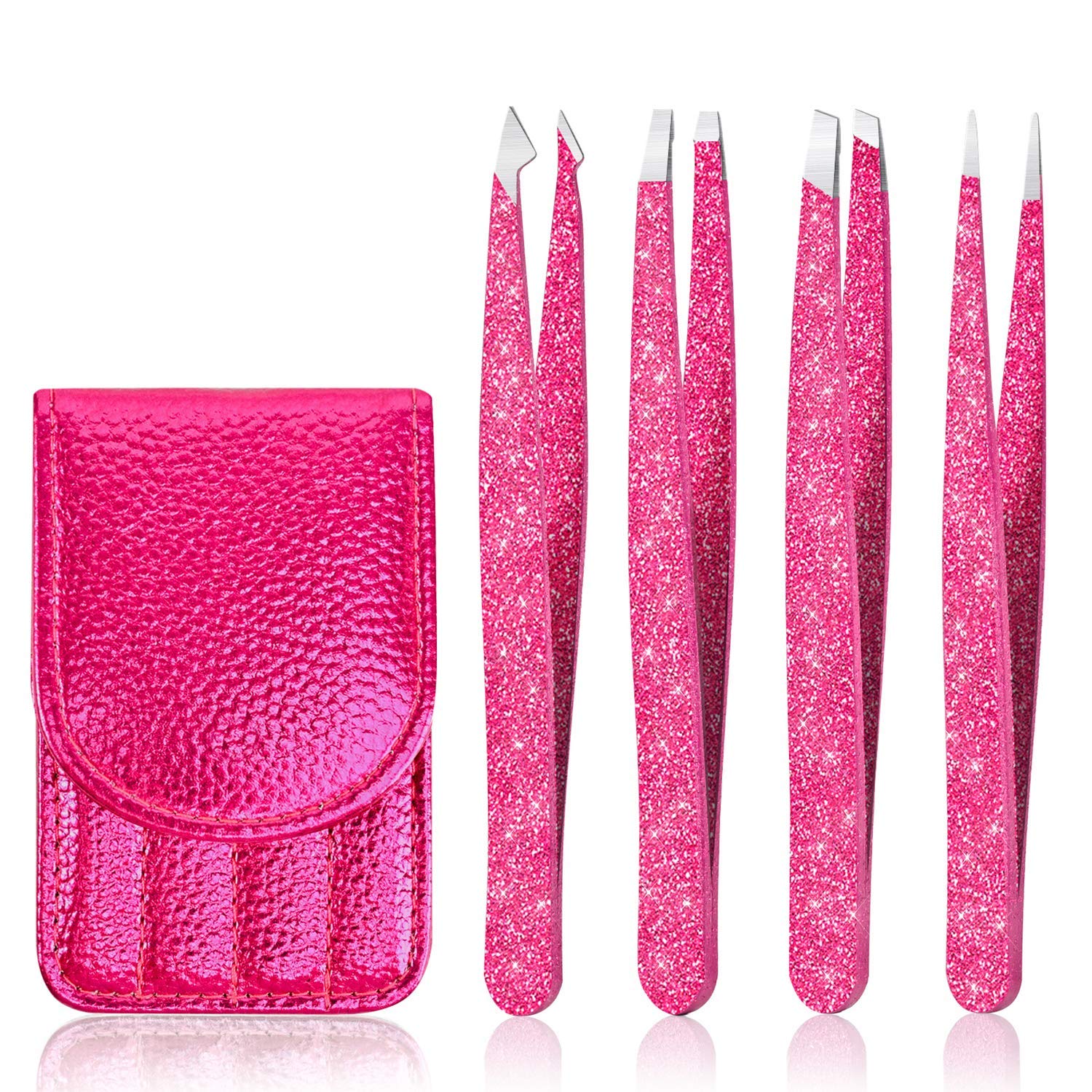 Tweezers Set 4-piece,Professional Stainless Steel Slant Tip and Pointed Craft Tweezers with Leather Case-Precision for Eyebrows,Ingrown Hair,Facial Hair,Blackhead and Lash Extension (Rose Red)