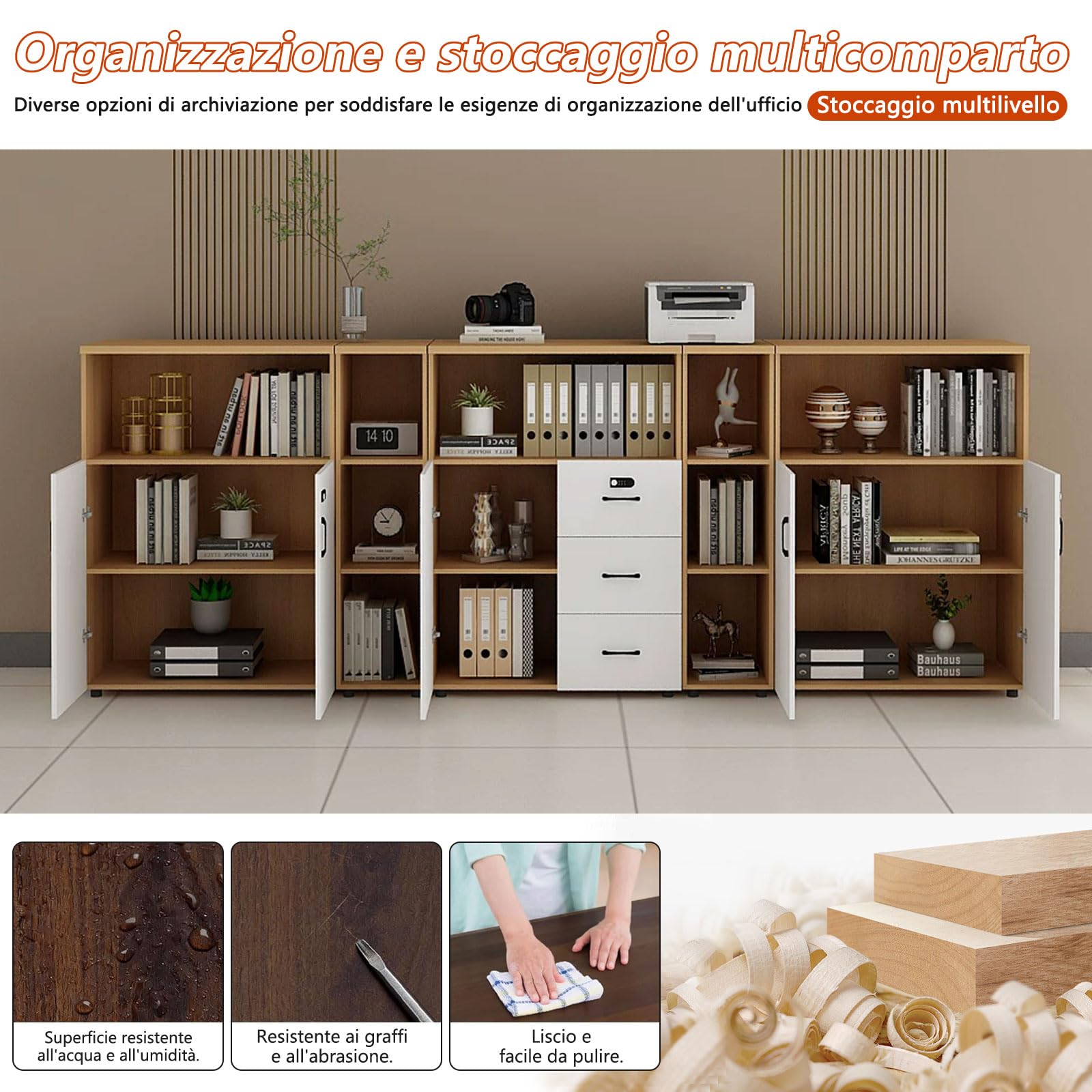 Schedario da Ufficio in Legno con Serratura, Cassettiera Ufficio con 3 Cassetti e Anta, Mobile per Documenti A4 e Letter, Portadocumenti con Ripiani Aperti e Supporto Stampante