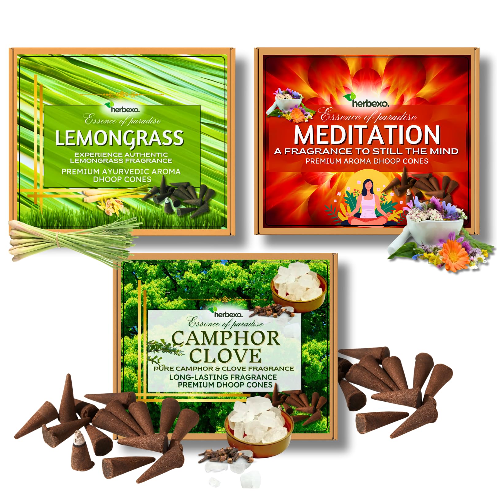 Herbal Dhoop Cones - Pack of 3 Assorted | Lemongrass, Camphor & Clove, Meditation | Charcoal Free, Low Smoke, Long Lasting for Focus, Purity, Calm-image-32