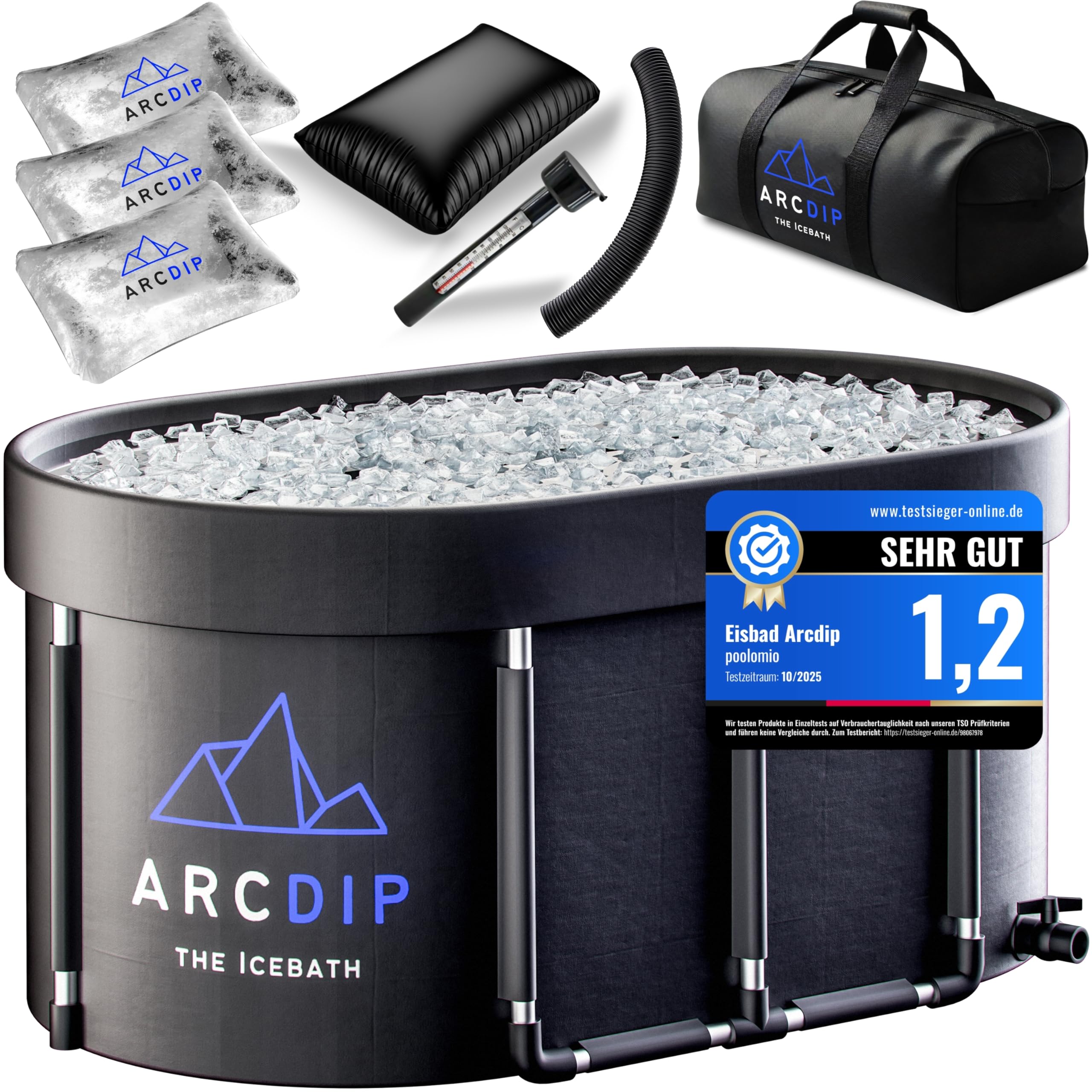 poolomio® Eisbad Oval Premium Set 120 x 60 x 60 cm | XXL Eisfass 340L für Zuhause & Outdoor | Eistonne mit Aluminiumrahmen, Isolierdeckel & Zubehör | Eiswanne für Kältetherapie & Regeneration