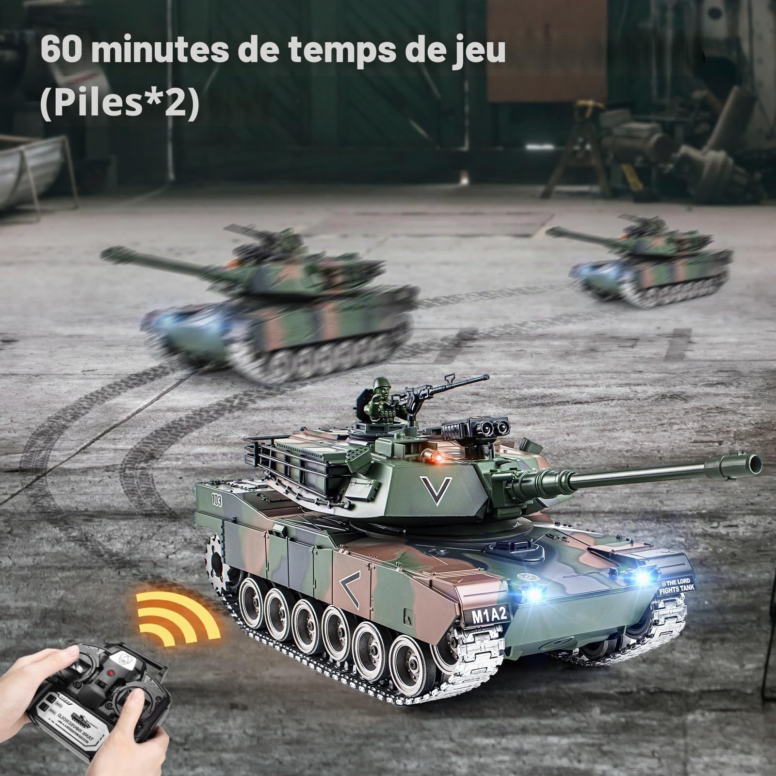 Supdex Tank Telecommande M1A2, RC Char 1/18 Réservoir Télécommandé 2.4Ghz, Maquette Jouets avec Fumée, LumièRes, Réservoir Télécommandé Tir, Sodèle Char de Combat on et Recul pour Enfants et Adultes