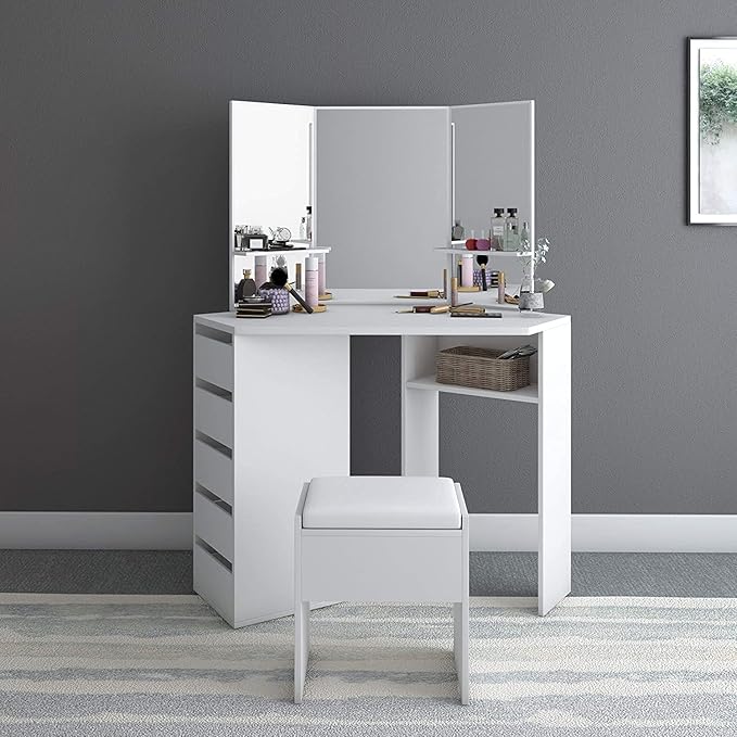 Corner Vanity Table Set,Makeup Desk with ThreeFold Mirrors and 5