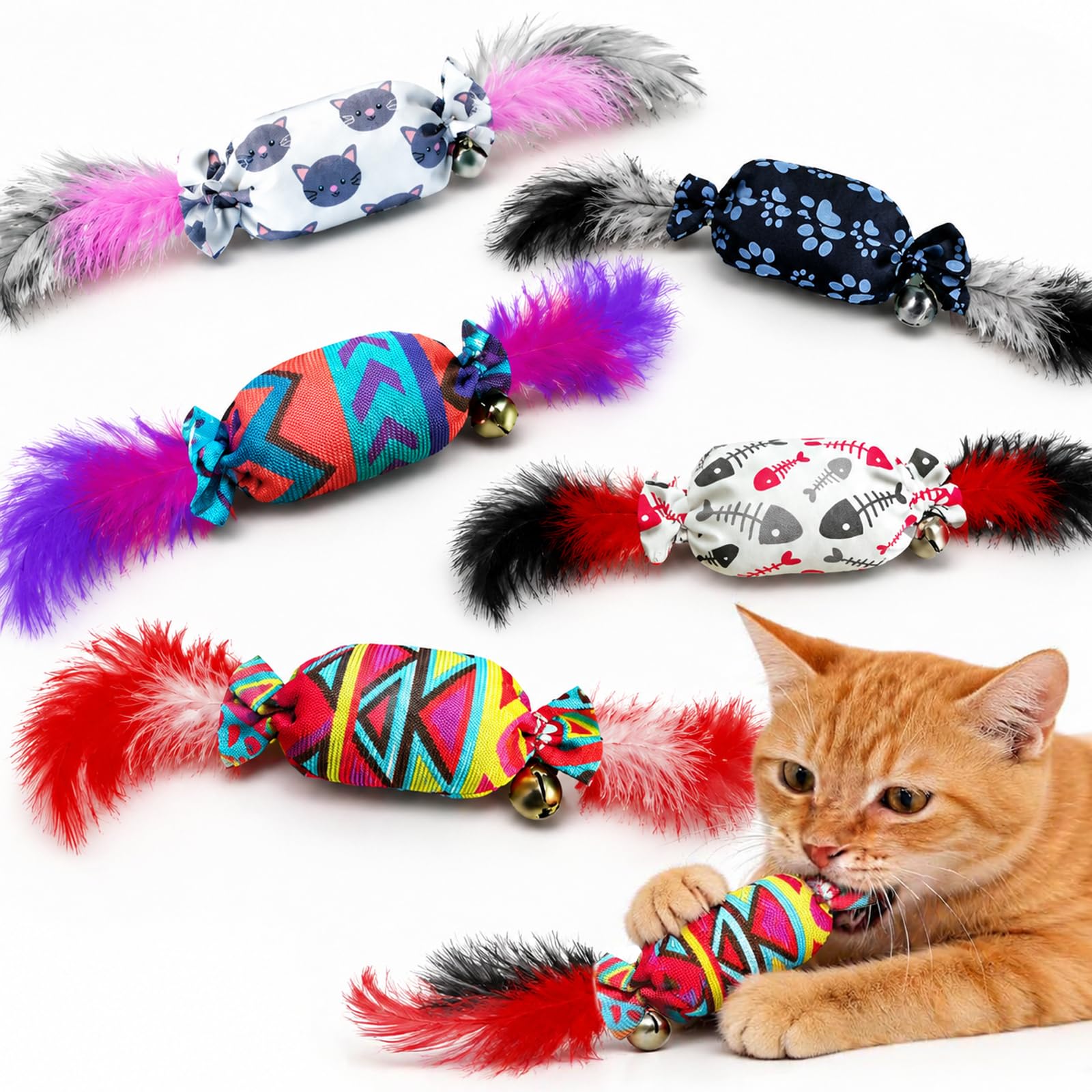 YXBWM Crinkle Cat Toys 5 Pack, Feather Cat Kicker Toy with Bell for Indoor Cats & Kittens, Catnip-Free Colorful Plush Chew Toys for Biting, Kicking, Interactive Play (Candy Style)