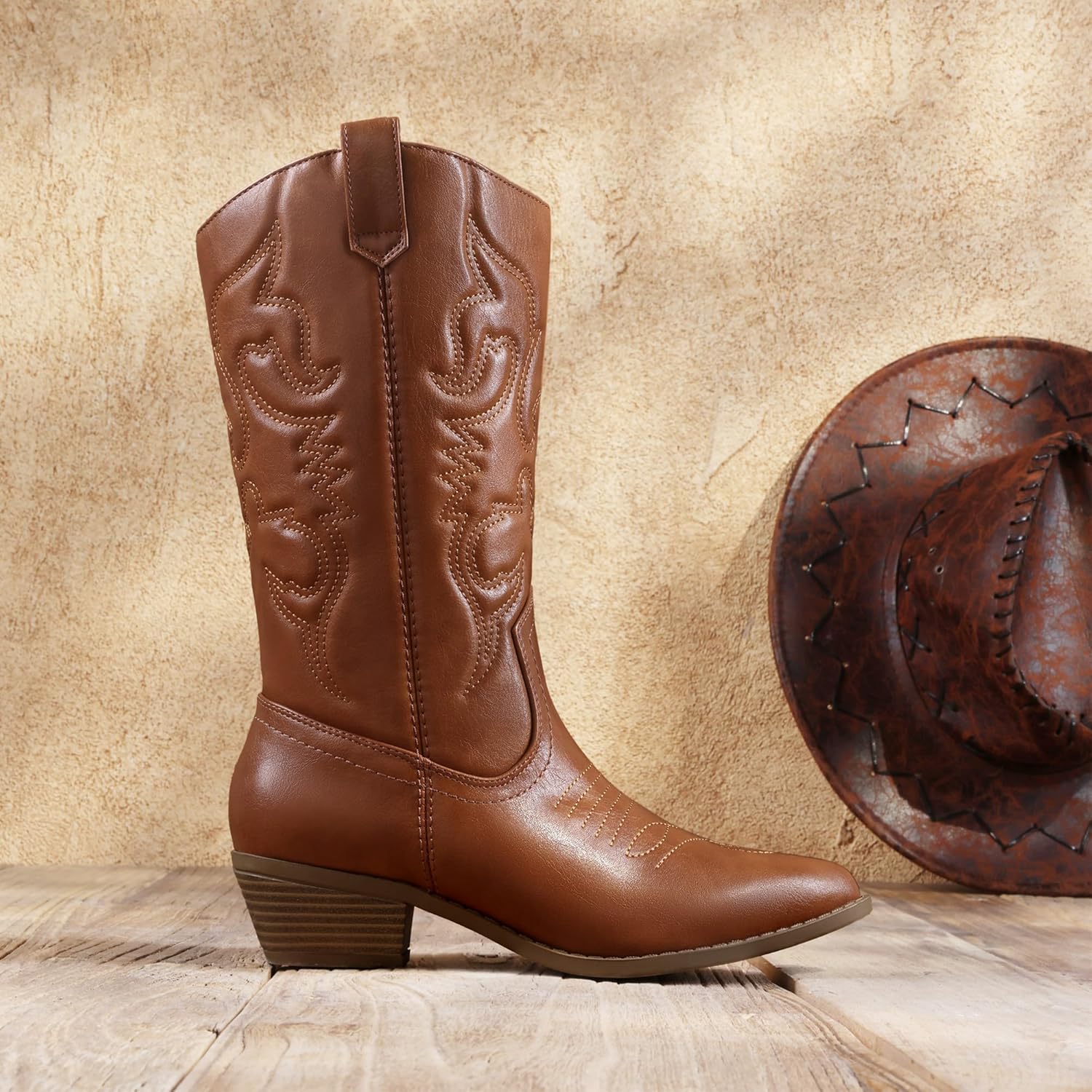 DREAM PAIRS Women's Cowboy Boots Pull On Cowgirl Boots Mid Calf Western Boots, Available in Regular and Wide Calf - Image 3