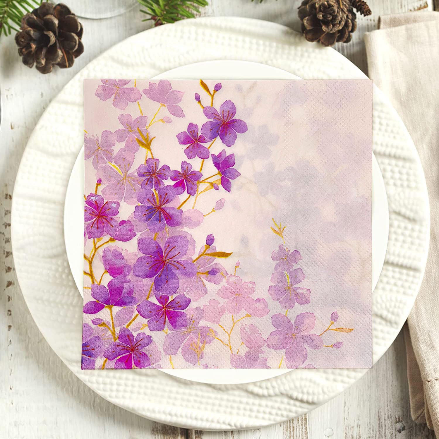 Servilletas Papel Flor Dorada Púrpura Desechables Servilletas Decoupage Cocktail Cumpleaños 2 Capas Toilet Papel Higienico Decoración de Mesa para Bodas,Fiesta en el Jardín 30 Paquetes(33x33cm）