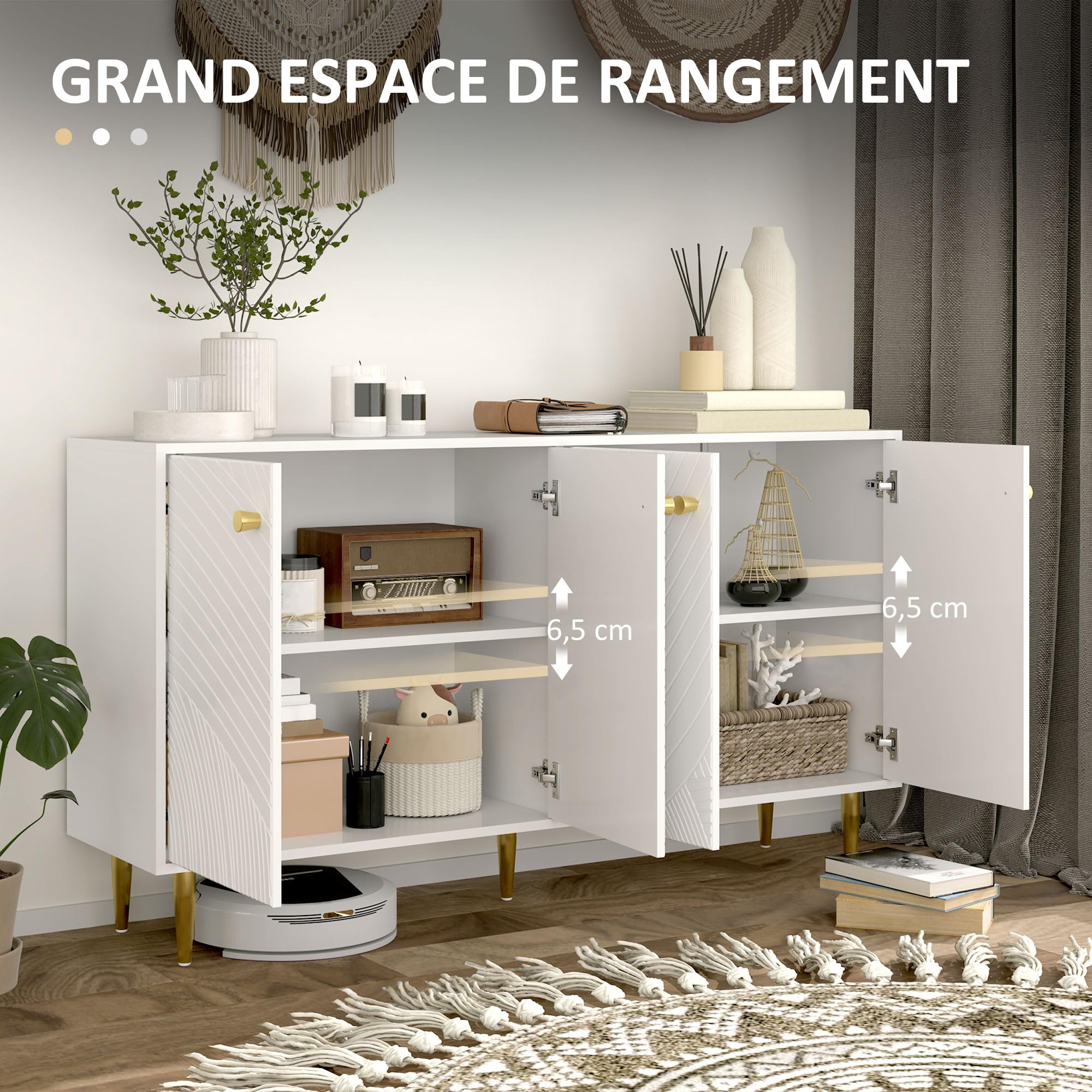 HOMCOM Buffet Salon Meuble Style Moderne Placards 140 x 35 x 77,5 cm Blanc