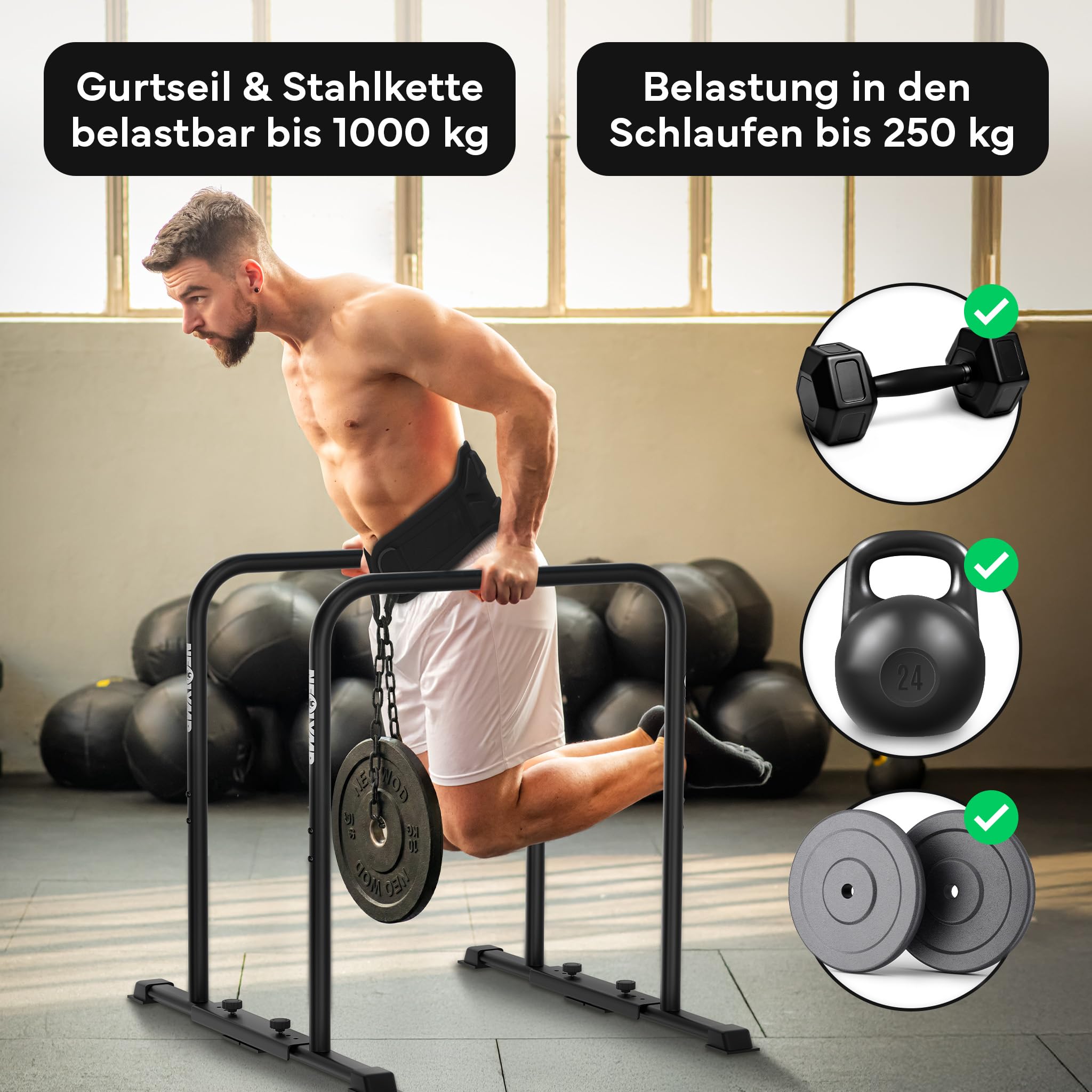 NEOLYMP Dip Gürtel – Premium Gewichthebergürtel mit Kette & 3 Karabinern für Dips, Klimmzüge & Krafttraining – Hohe Belastbarkeit bis 1.000 kg – Ergonomisches Design & Neopren-Komfort für Calisthenics