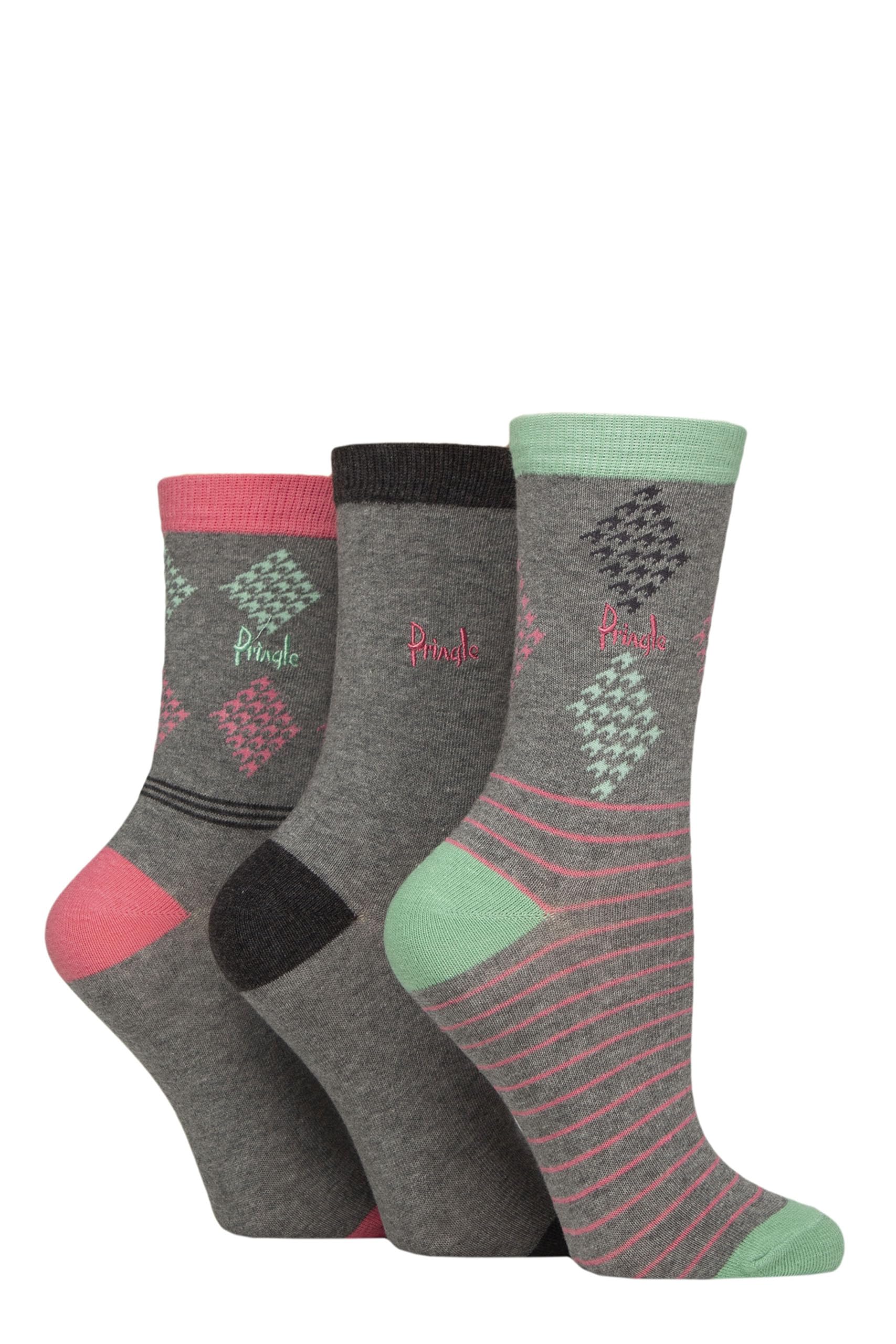 Pringle Of Scotland Women's Light Grey Diamond / Stripe Pringle Patterned Cotton And Recycled Polyester Socks Pack Of 3 (Uk, Numeric, 4, 8, Regular, Regular, Light Grey Diamond/Stripe)