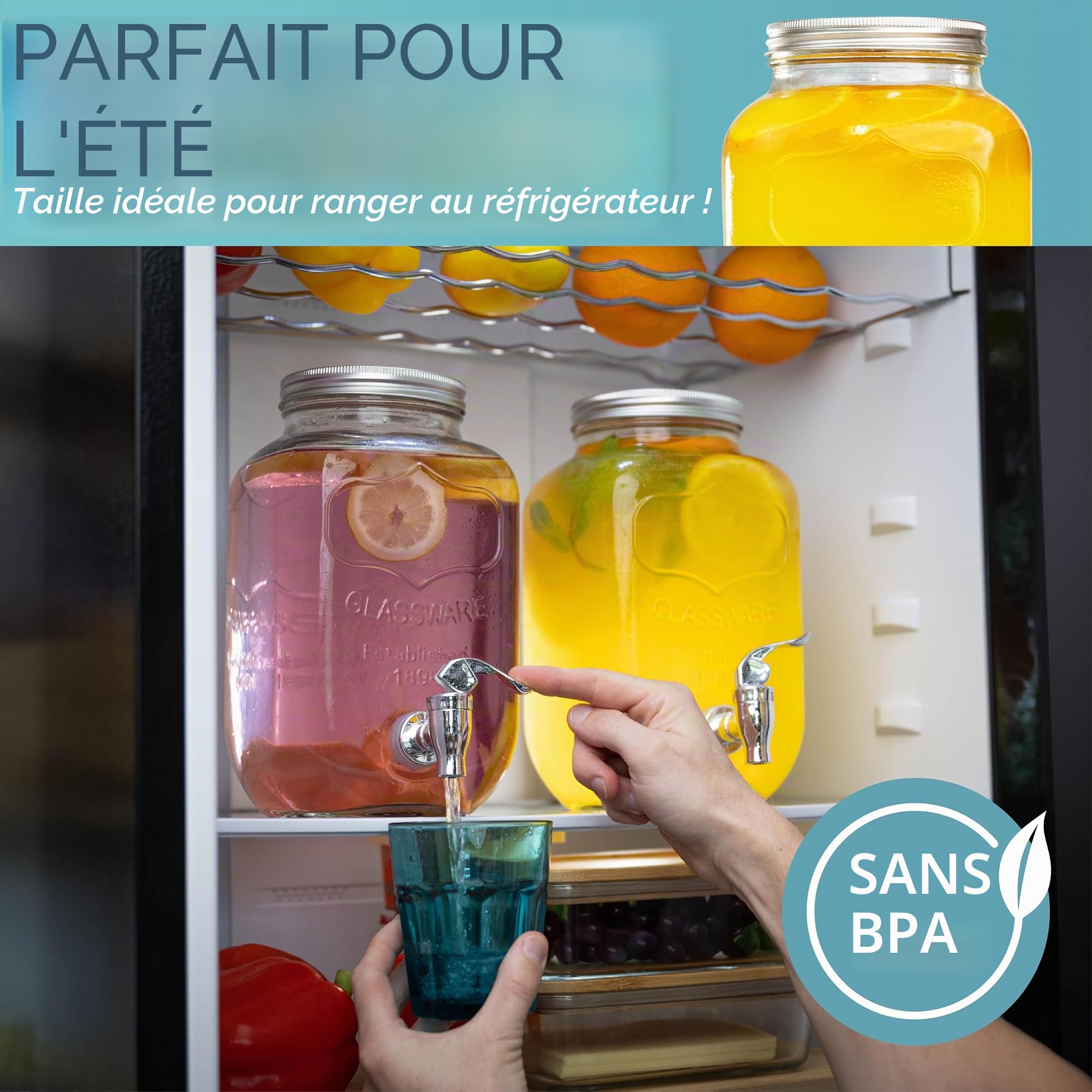 HEFTMAN Distributeur de boissons en verre avec robinet - 2 x 4 litres | Distributeur de boissons Mason Jar avec robinet étanche et support en fil métallique