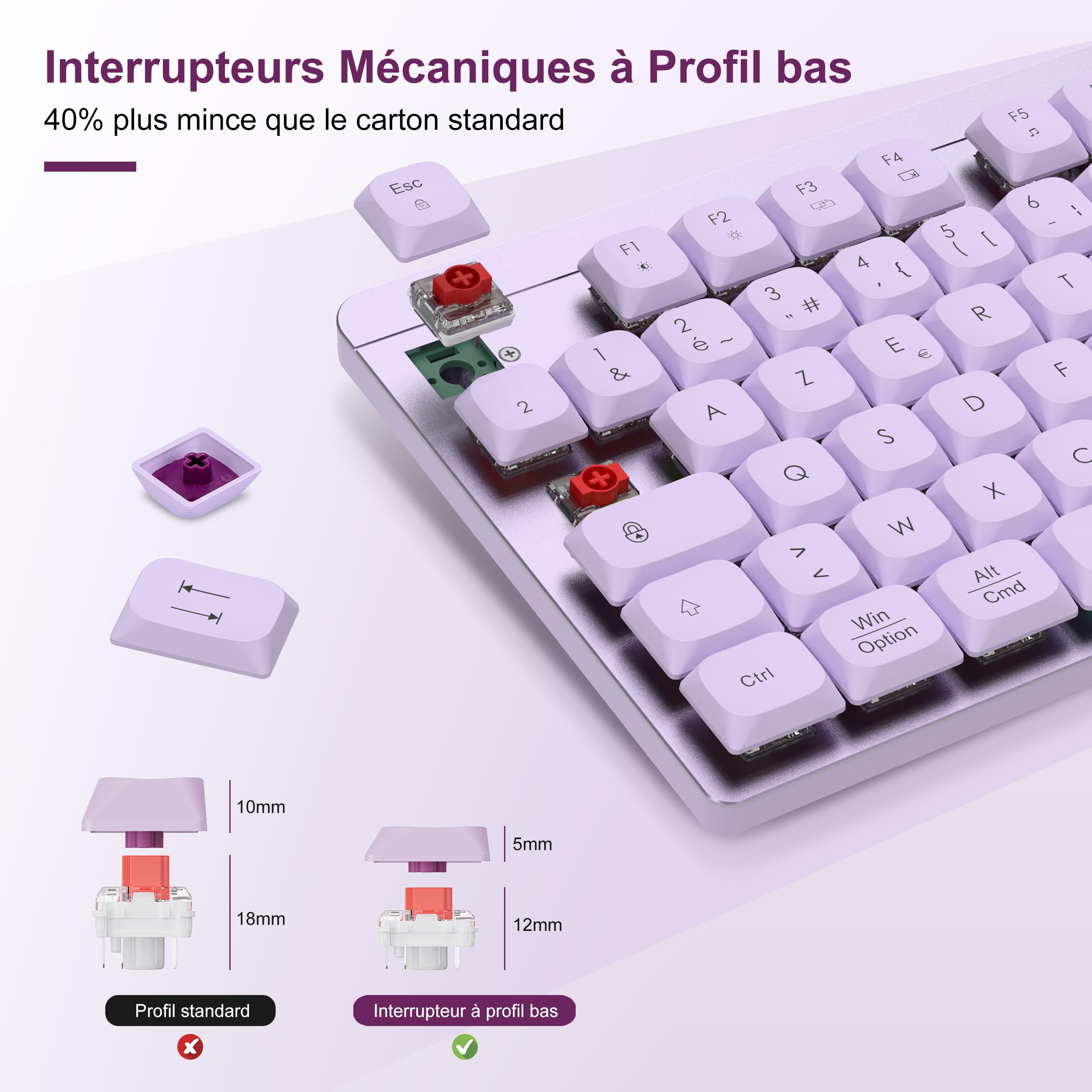 LeadsaiL Clavier Souris Mécanique sans Fil, FA98 Low Profile Ensemble Clavier et Souris avec Interrupteur Rouge, Français AZERTY, Connexion 2.4Ghz, 98 Touches for Windows MacOS Computer PC-Pourpre