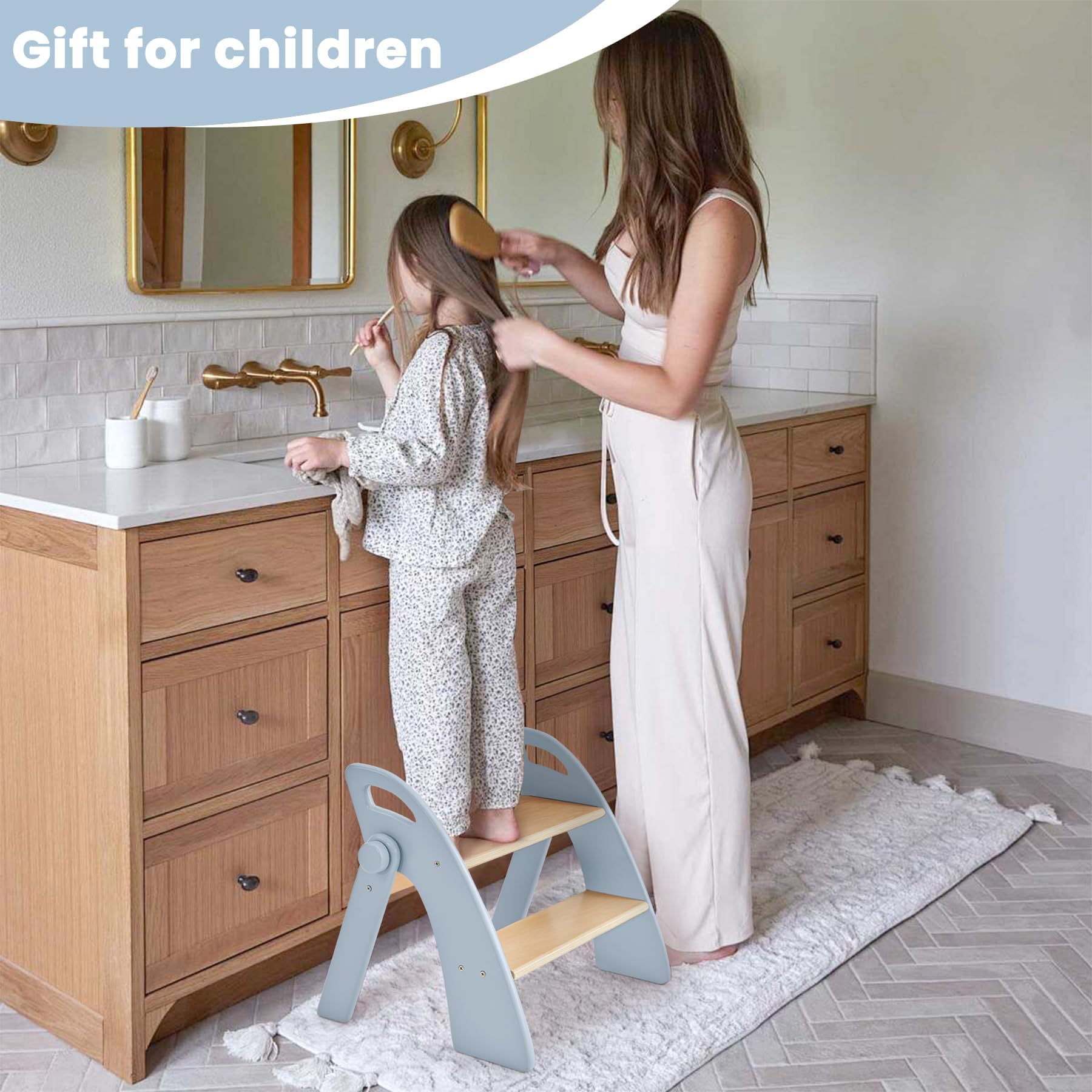 Taburete Niños Madera de 2 Peldaños Plegable, Capacidad de 130 kg con Alfombrilla Antideslizante y Asas, Escalon Infantil para Dormitorio, Cuarto de Caño, Cocina, Azul