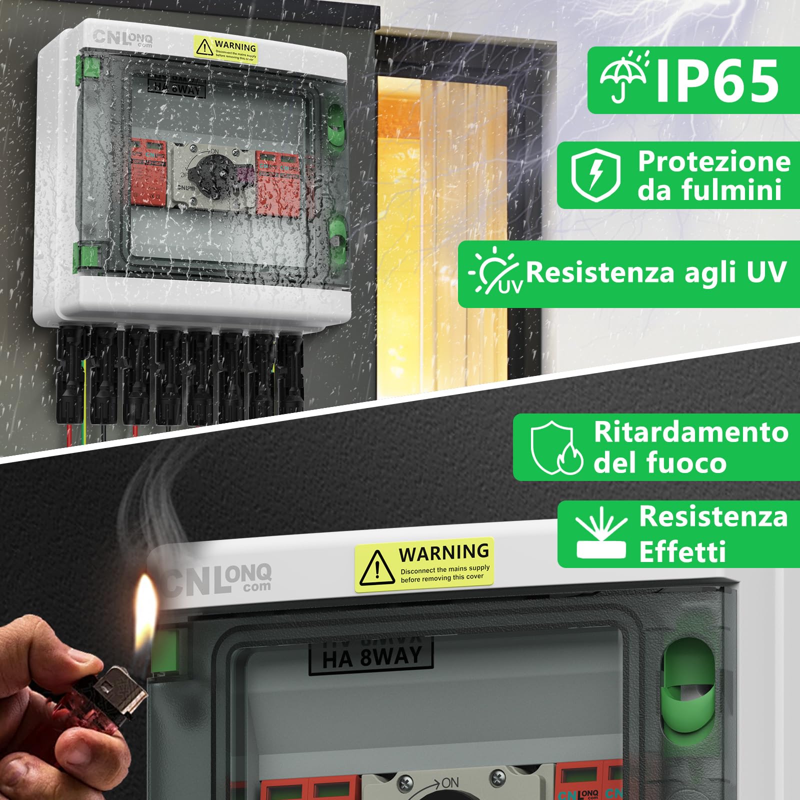 Protezione da Sovratensione Solare PV DC1000V 32A Sezionatore Solare 2 ingressi 2 uscite e Scaricatore di Sovratensione con Scatola di Giunzione Impermeabile IP65 per Pannelli Fotovoltaici