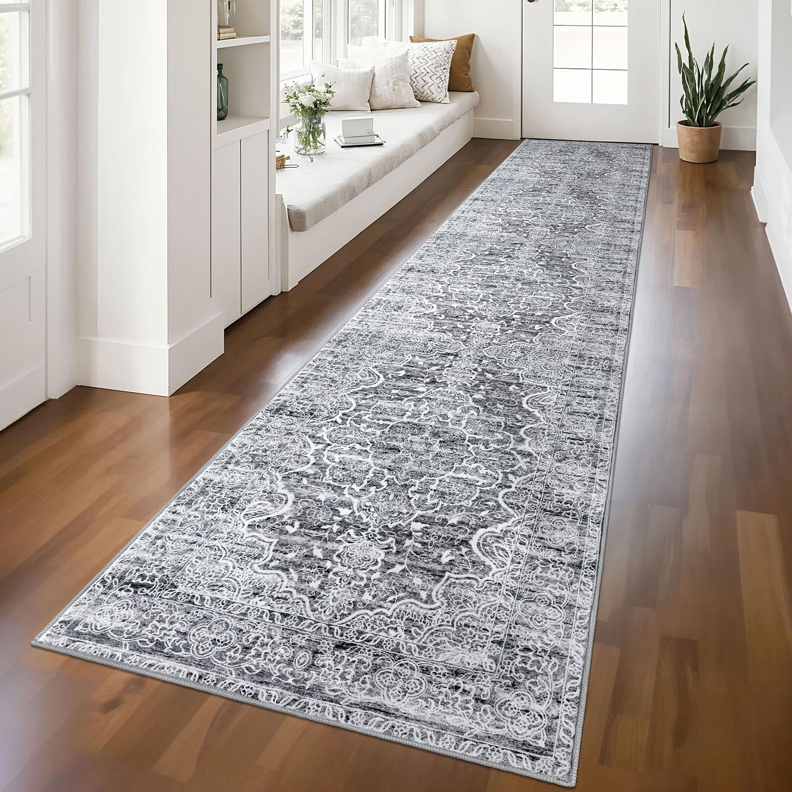KUTA Vintage Washable Runner Rug 2.6x12, Non-Slip Hallway Kitchen Runners Grey Blue White with Rubber Backing, Soft Printed Modern Medallion Extra Long 12ft Carpet Rugs Indoor for Bedroom โ image 1