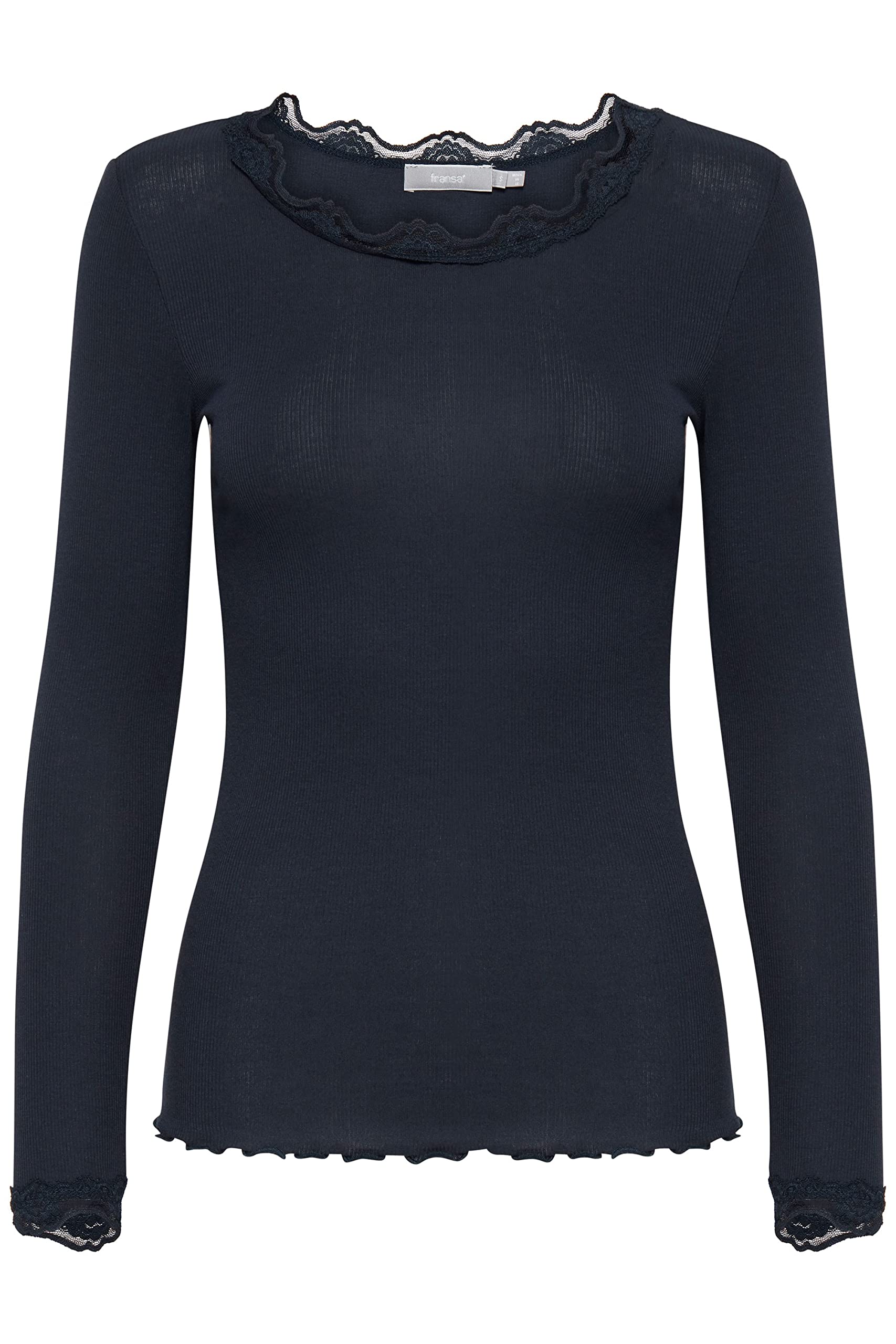 fransa FRHIZAMOND 2 Women's Long-Sleeved Shirt Lace Details on the Sleeves Hem Collar Tight Fit with Stretch, (Noos) Dark Peacoat (60468), L