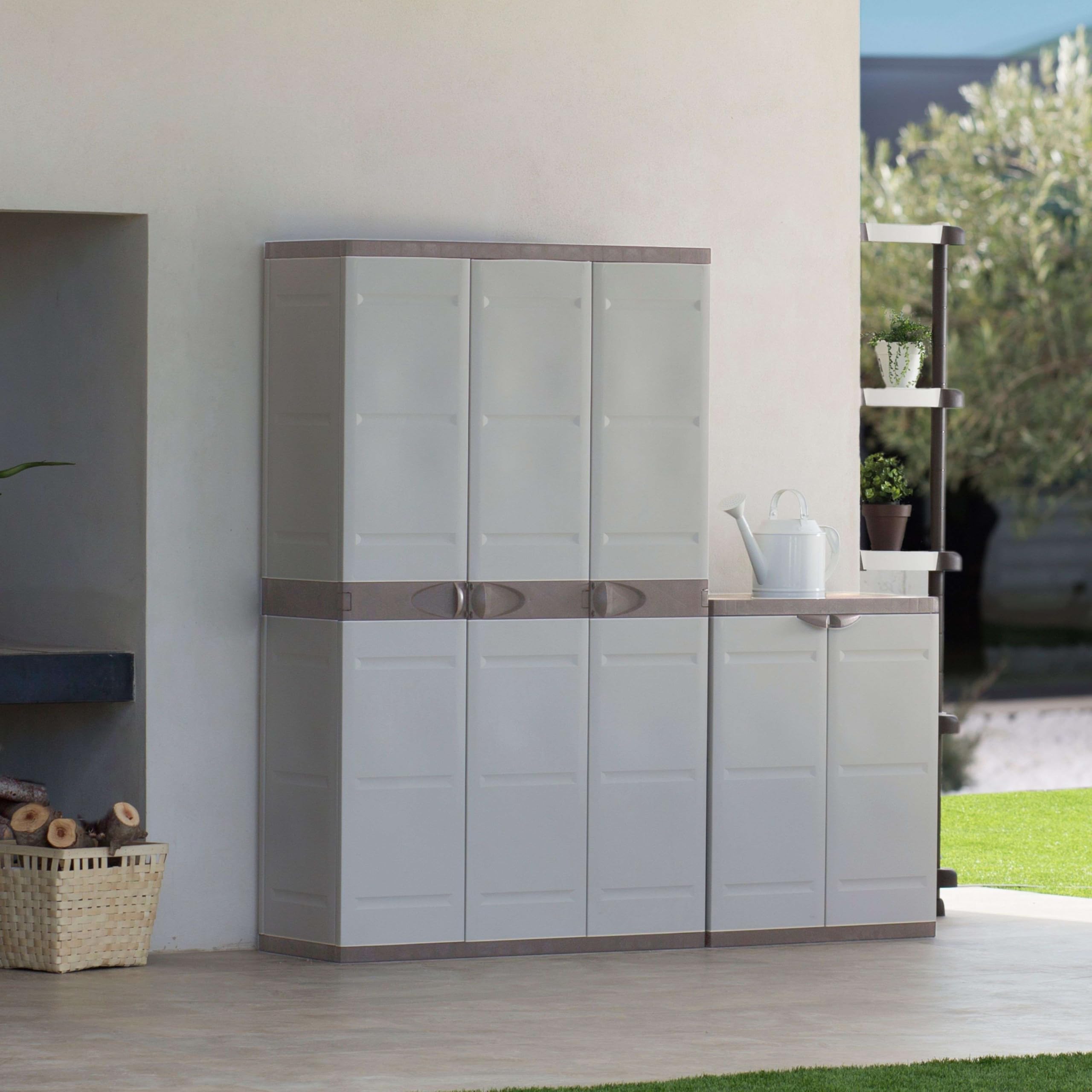Miroytengo Armario de Jardín 3 Puertas Titanium, Armario de Resina 4 Estantes Regulables Beige 105x176x41 cm
