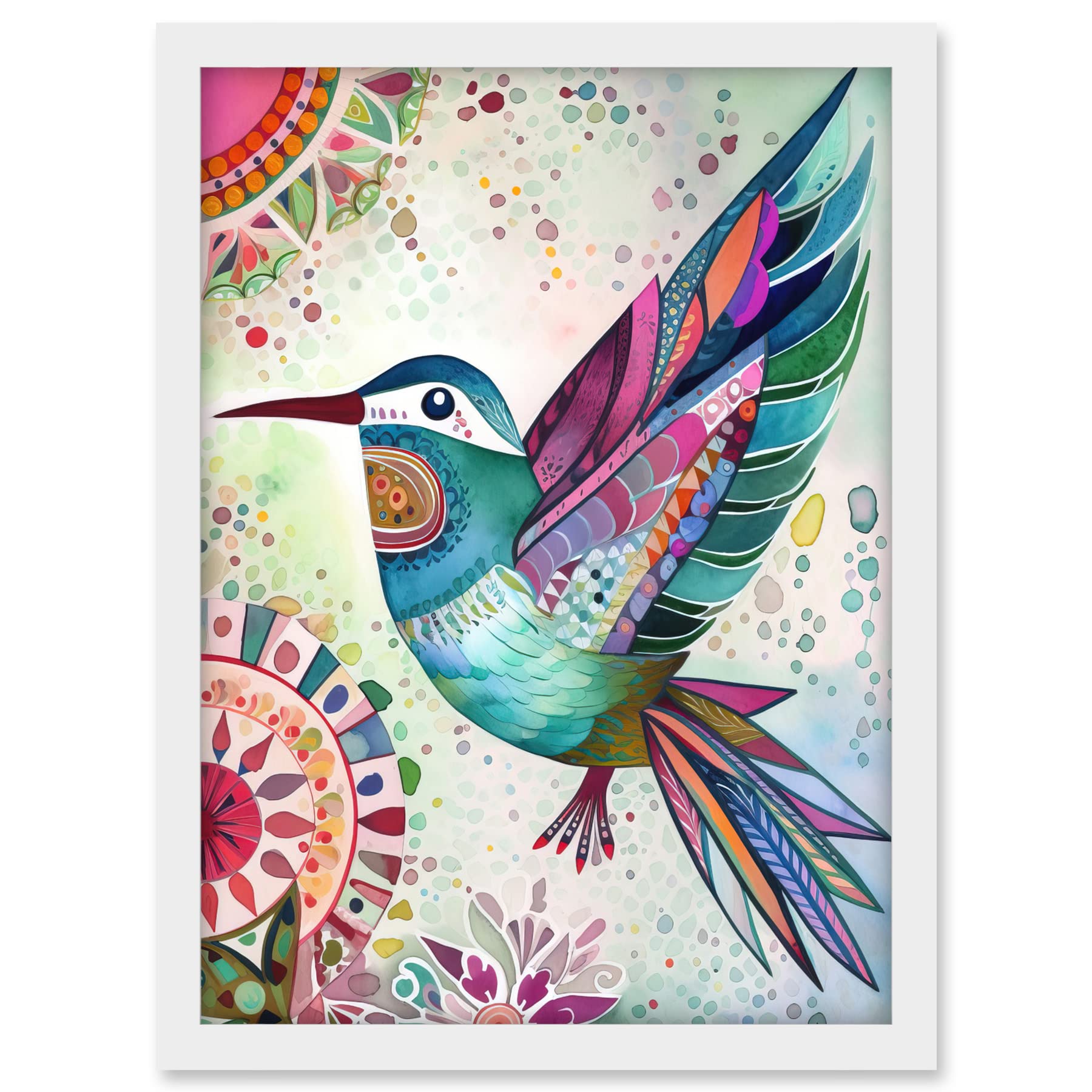 Artery8 Hummingbird With Multicolour Mandala Patterns Folk Art Watercolour Painting Artwork Framed A3 Wall Art Print