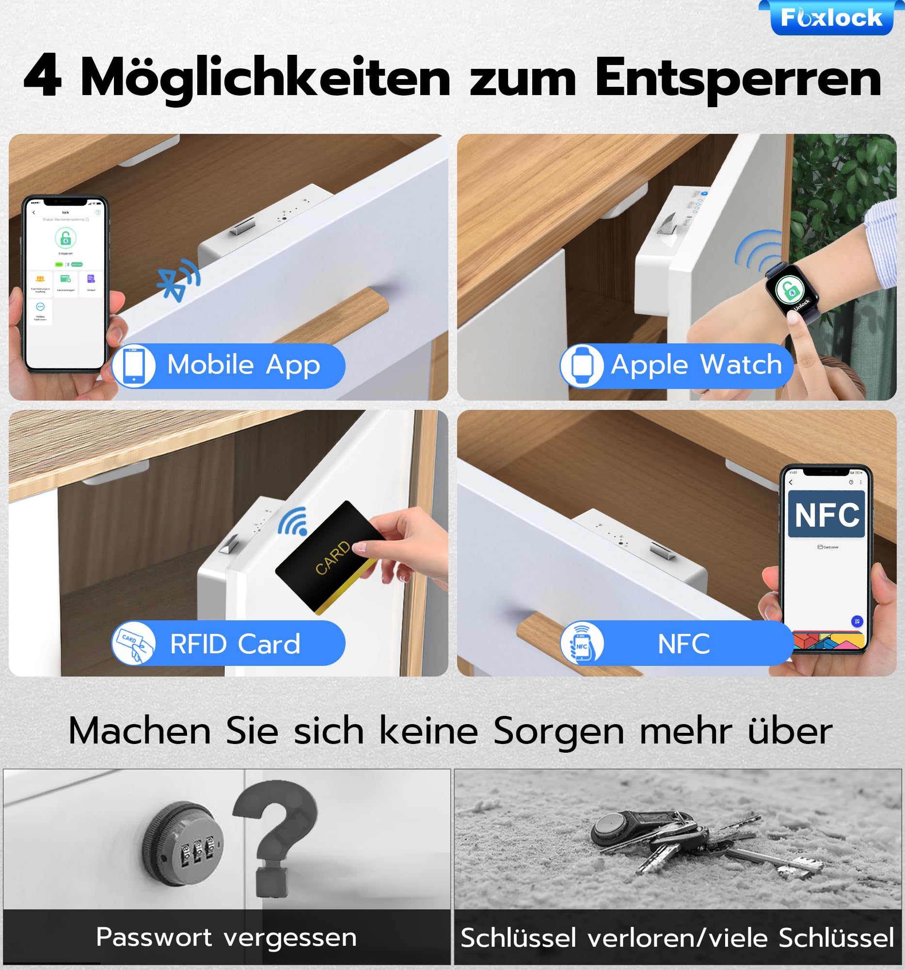 Smart Schubladenschloss, Foxlock Elektronisches Schrankschloss mit APP, NFC, Megnetische Kindersicherung Schrankschloss für Schrank Schublade Kasten Schließfächer Briefkasten usw-Schwarz (Weiß)