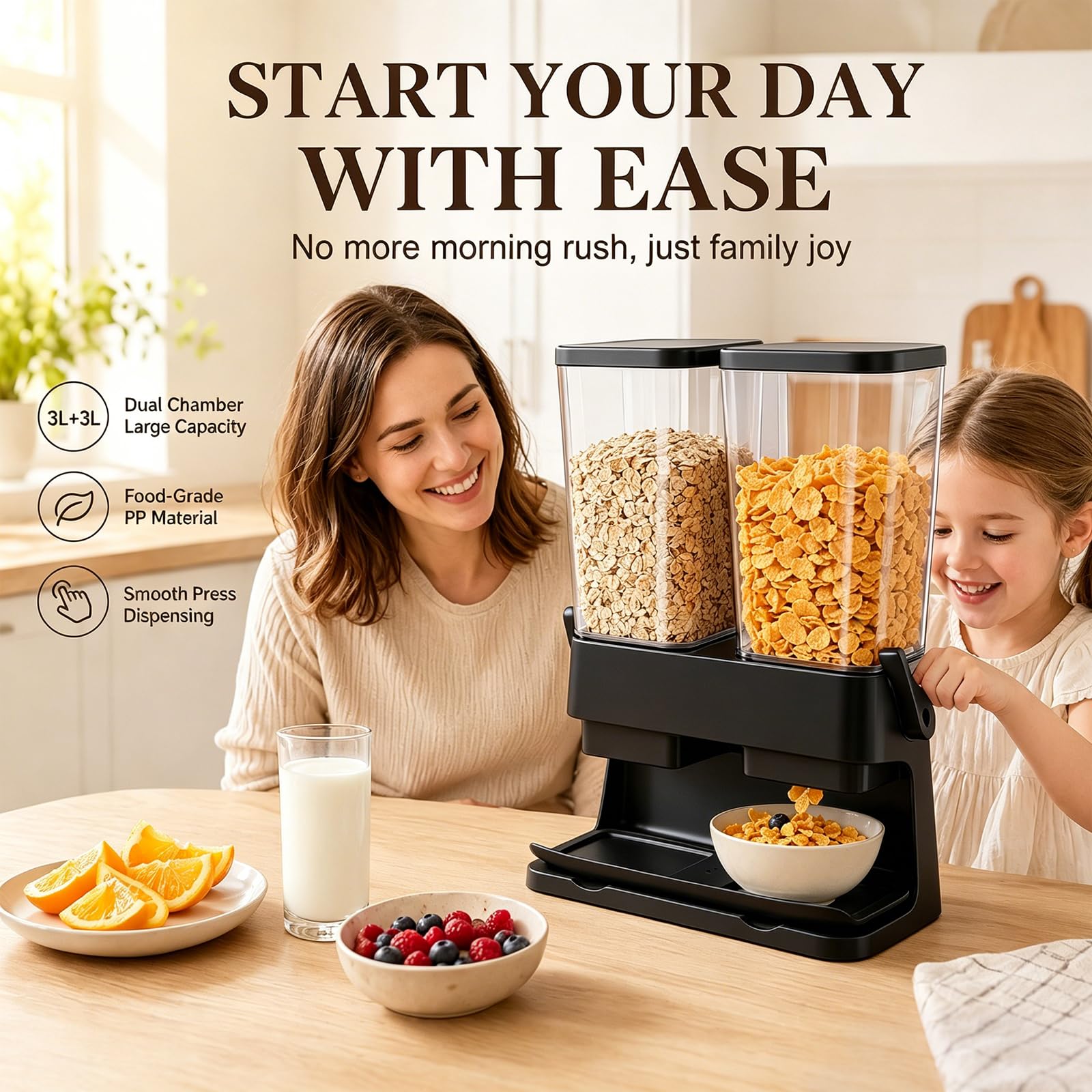 Juego de 2 dispensadores de cereales, recipiente de almacenamiento hermético doble de 3 L para cereales, caja transparente para frutos secos, granos de café y comida seca, recipiente de almacenamiento