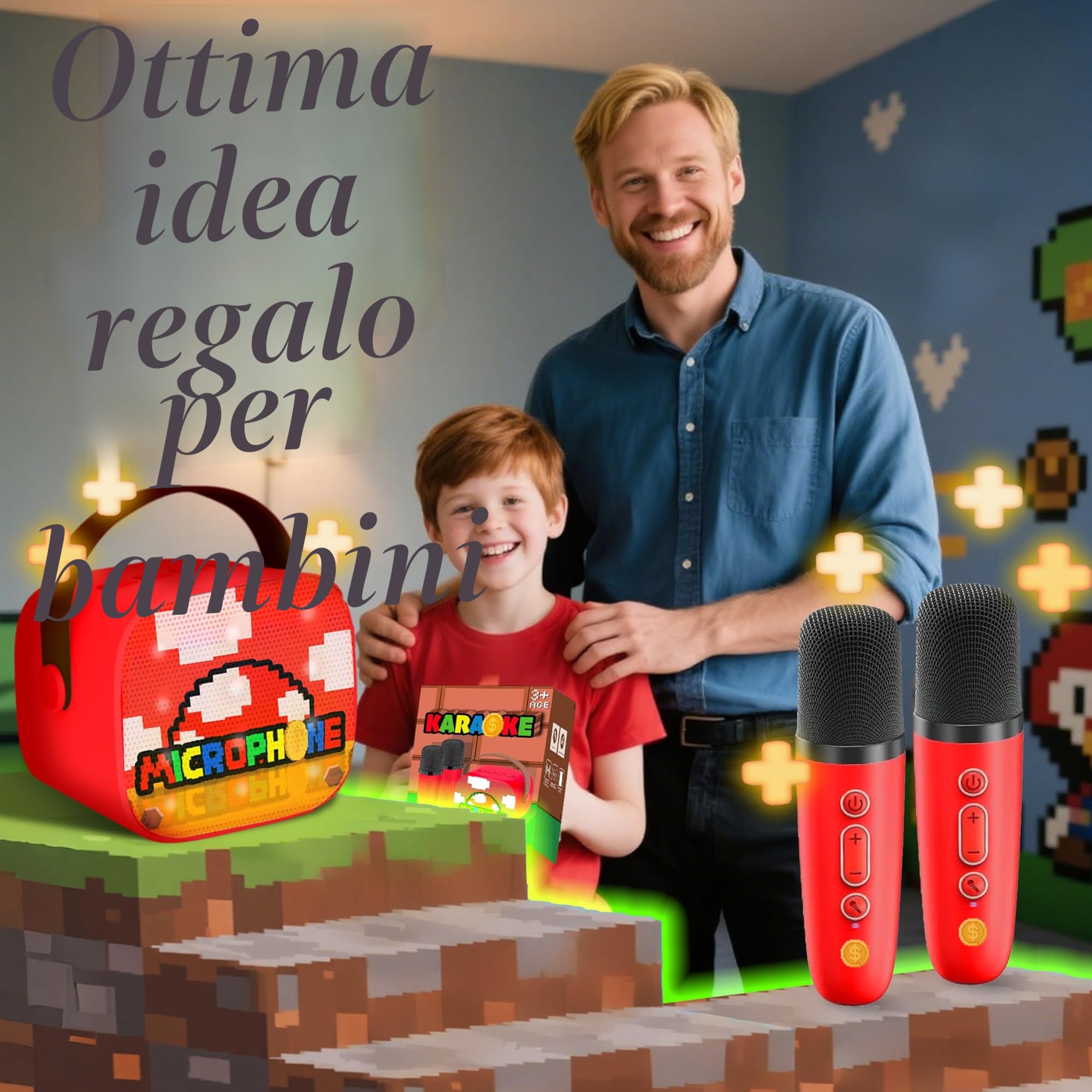 Karaoke per Bambini con 2 Microfoni Wireless Bluetooth, Giocattolo Musicale, Regalo Bambino 3-12 Anni