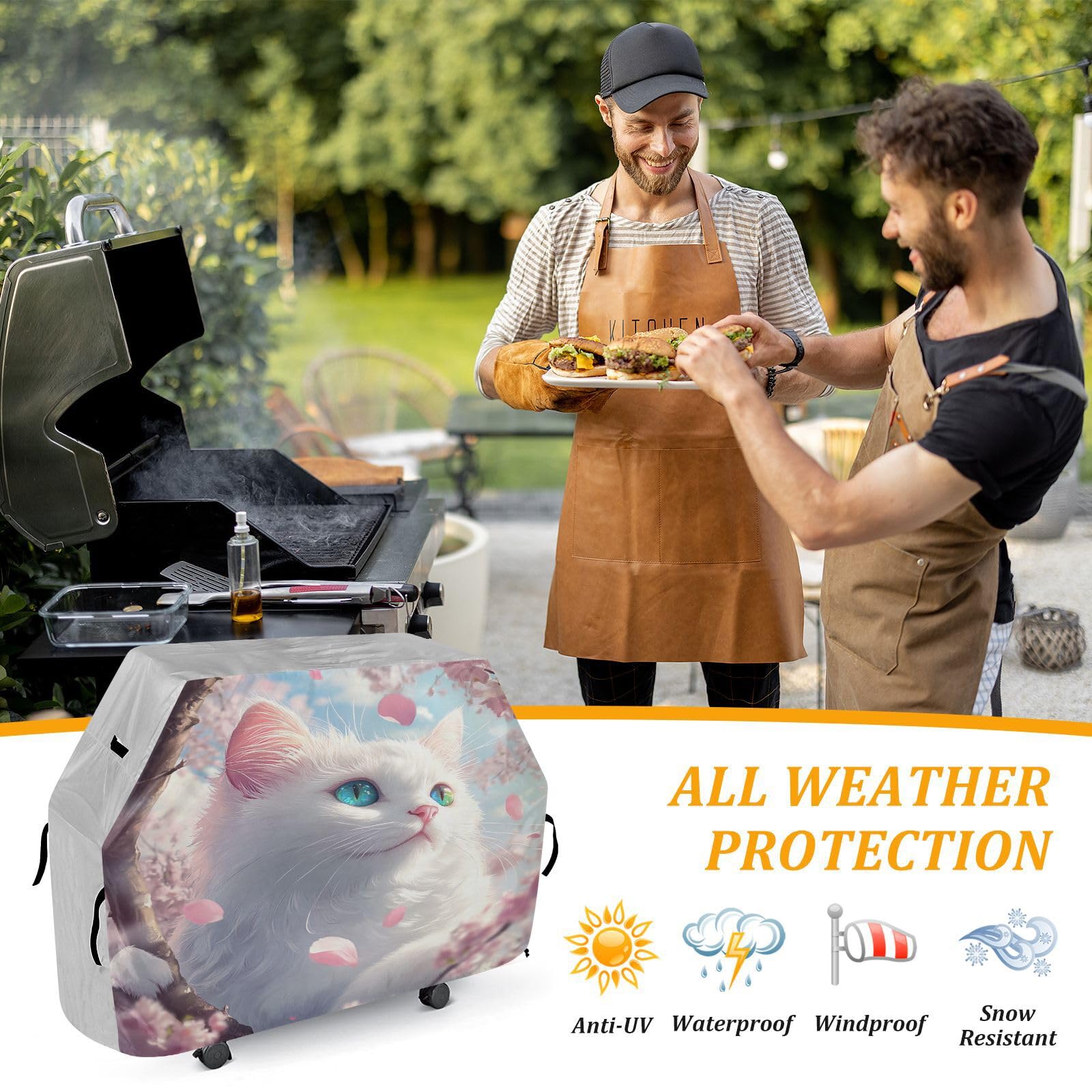 Duży pokrowiec na grill, 150 cm, wytrzymały, wodoodporny, na zewnątrz, duży pokrowiec na grilla, kwiat kot, biały