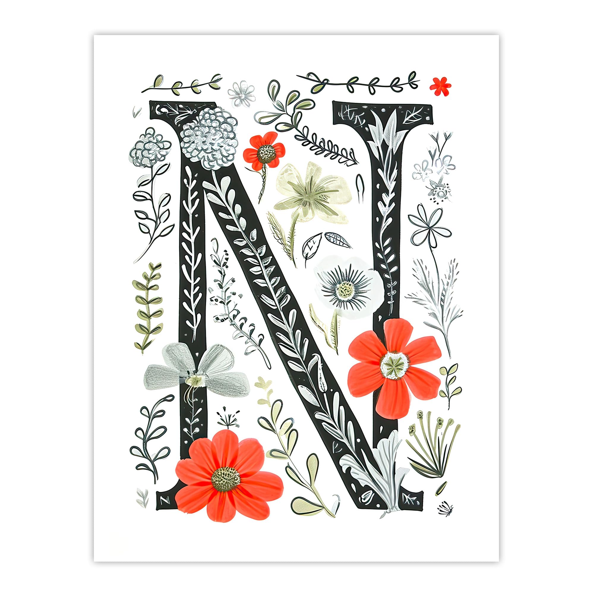 Artery8 Letter N in Poppies Wildflowers Pen Drawing Floral Word Art For Her Birthday Mum Wife Woman Friend Extra Large XL Wall Art Poster Print