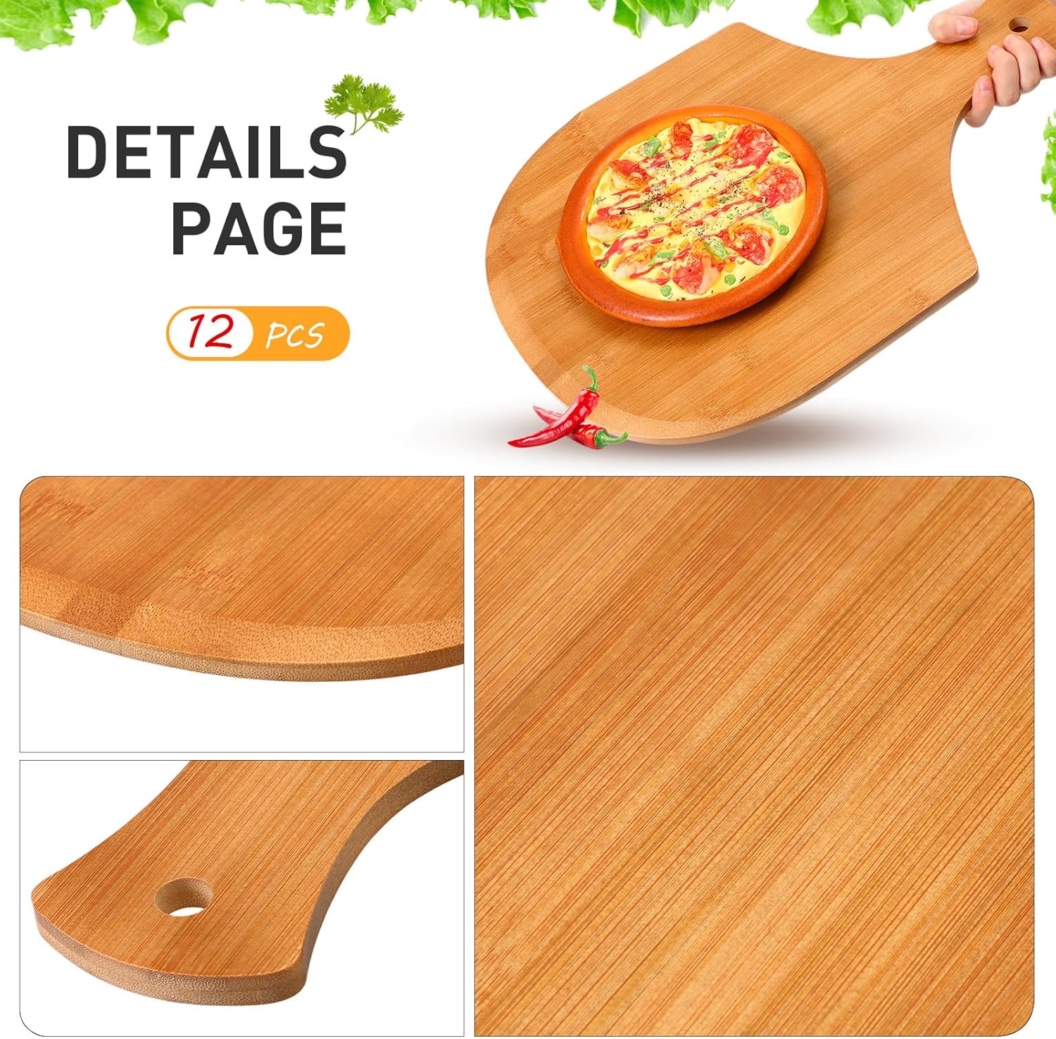 Roshtia 12 Pcs 17 x 12 Inches Wooden Pizza Peels for Making Pizza Paddle with Handle Hanging Cutting Board Spatula Paddle for Bread Cheese Kitchen(Bamboo Wood)