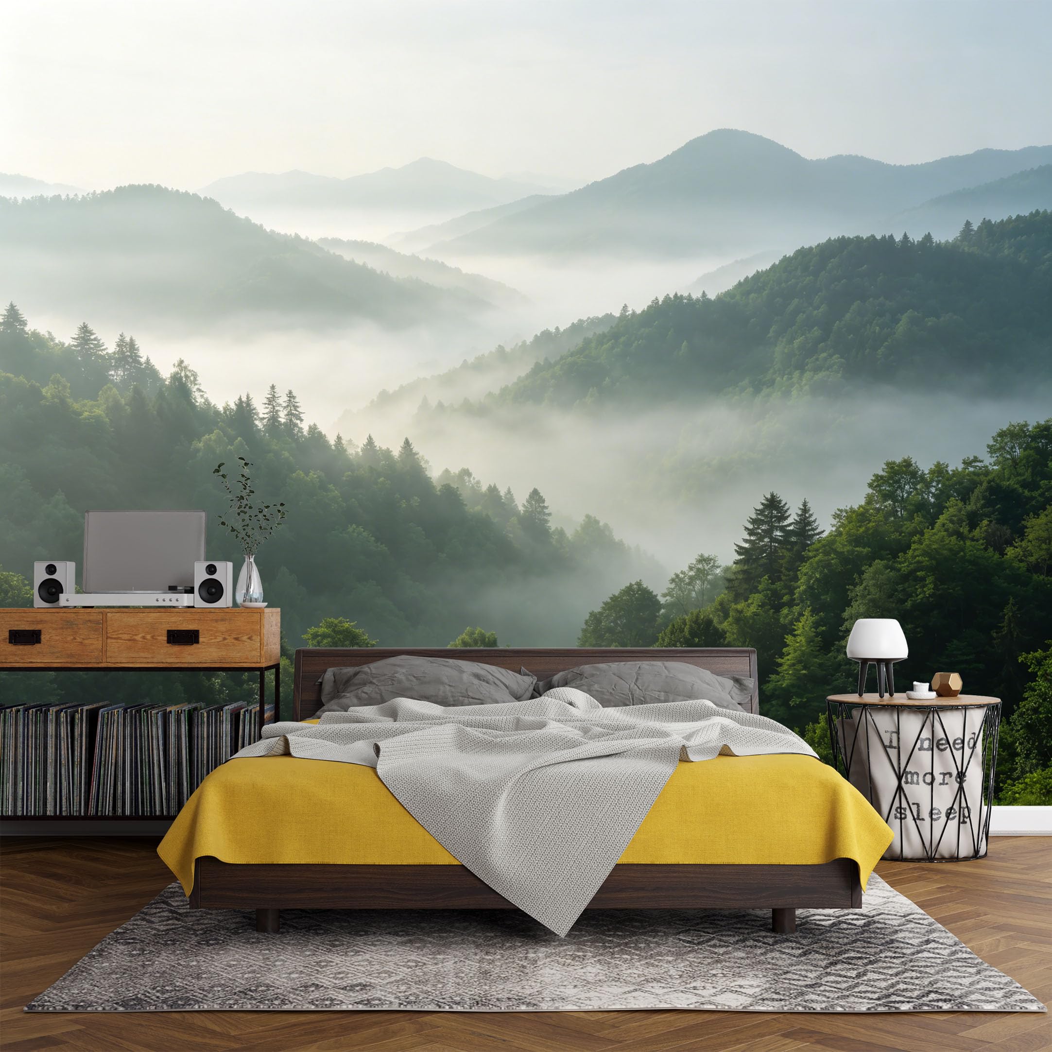 Custom Size Wall Mural， Mountain Forest Mist Landscape Morning Sunrise，SelfAdhesive Art Prints wall Fabric (No PVC) Removable Wallpaper Living Room Decor