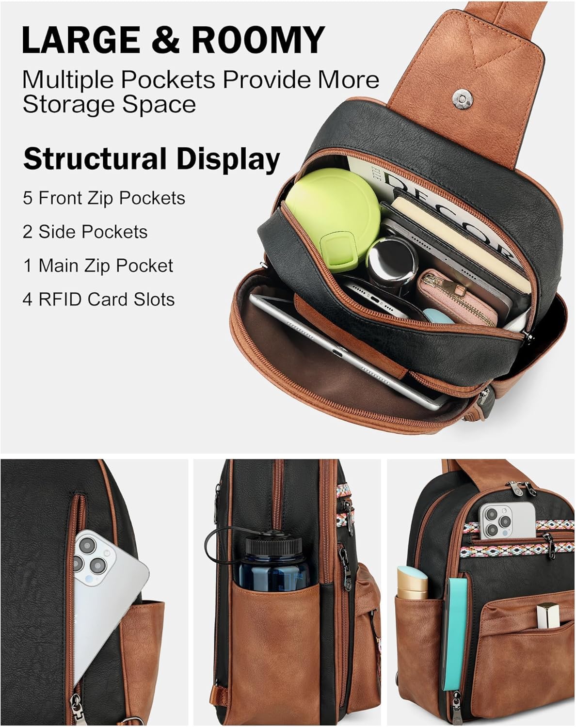 FADEON Large Sling Bag for Women, Leather Crossbody Purse Designer Anti Theft Sling Backpack, RFID Fanny Packs for Travel - Image 6