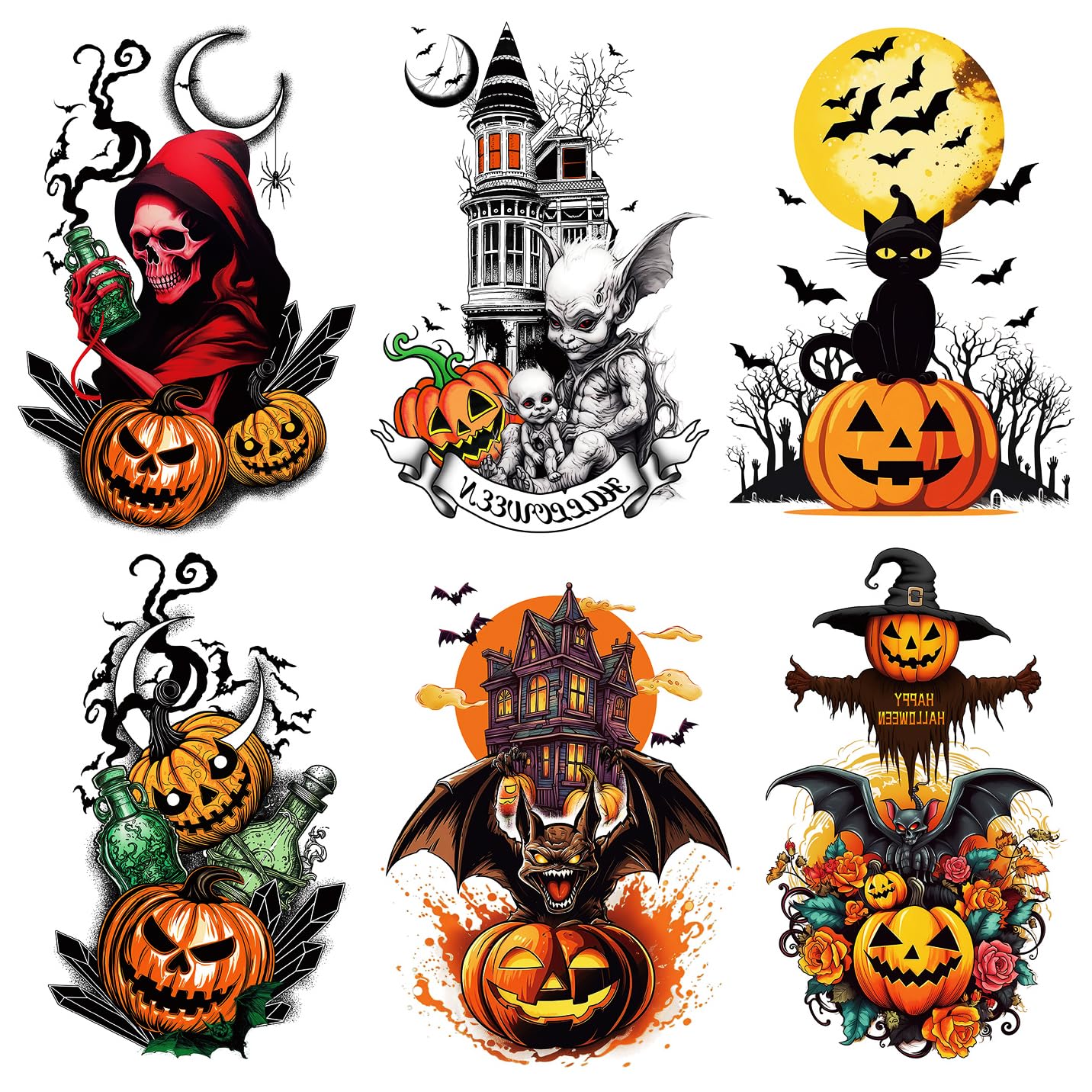 Kotbs Halloween Tattoos, 6-Sheet Pumpkin Bat Skull Temporary Tattoos for Adults Teens, Waterproof Half Arm Sleeve Tattoo Temporary Fake Tatoo