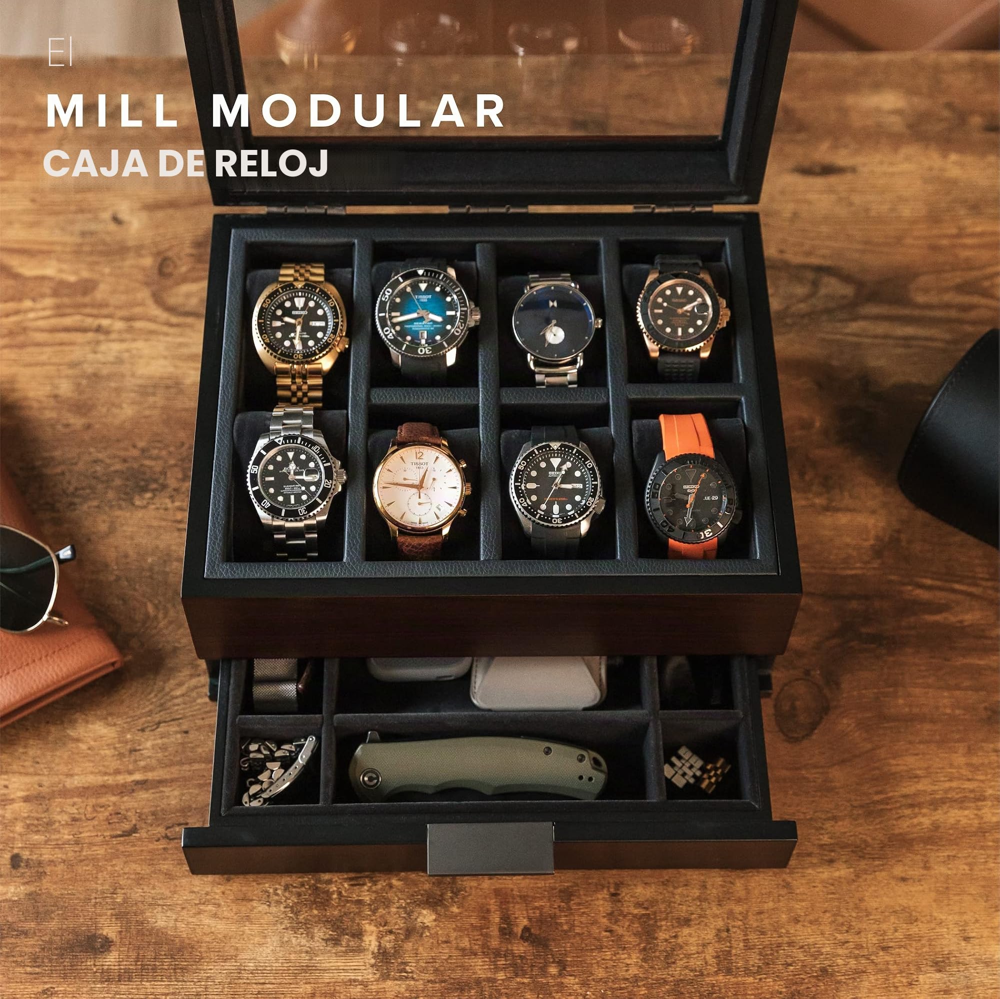 CASE ELEGANCE Caja organizadora de reloj con 8 ranuras para hombres, acabado de madera de cerezo y nogal, caja de exhibición de reloj, bandeja de valet modular, marrón | Caja de reloj, construcción de madera, bandeja modular para valet