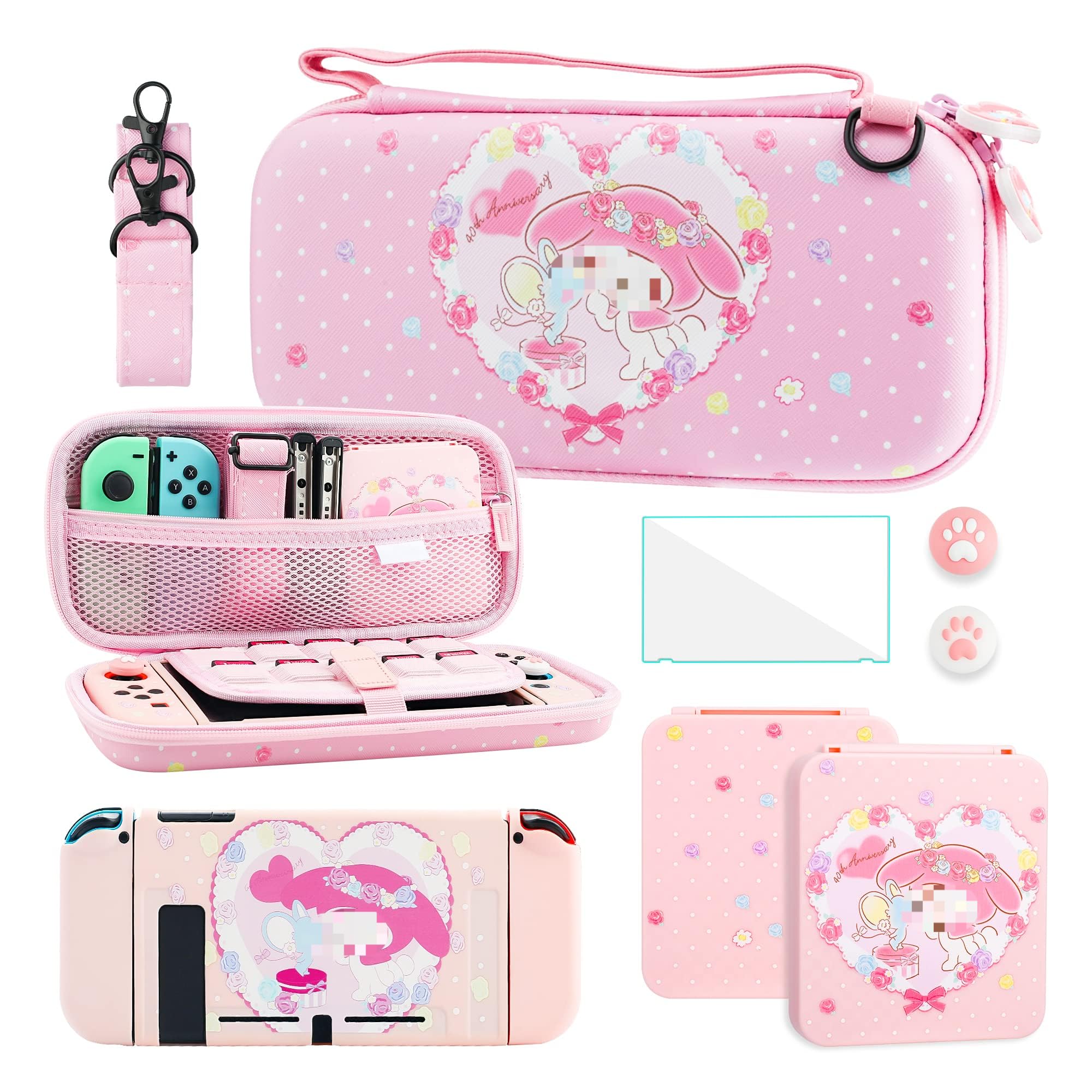 GLDRAM Pink Carrying Case for Nintendo Switch, Cute Anime Bunny Accessories Bundle with Portable Travel Case, Soft TPU Switch Skin, Screen Protector, Game Case, Shoulder Strap & 2 Thumb Caps