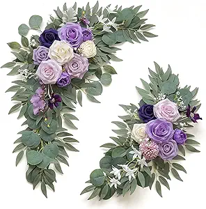 Faux Flower Swag Set of 2 for Wedding Welcome Signs Floral Decorations, Purple Wedding Arch Flowers for Wedding Ceremony (Lilac & Purple & Cream)
