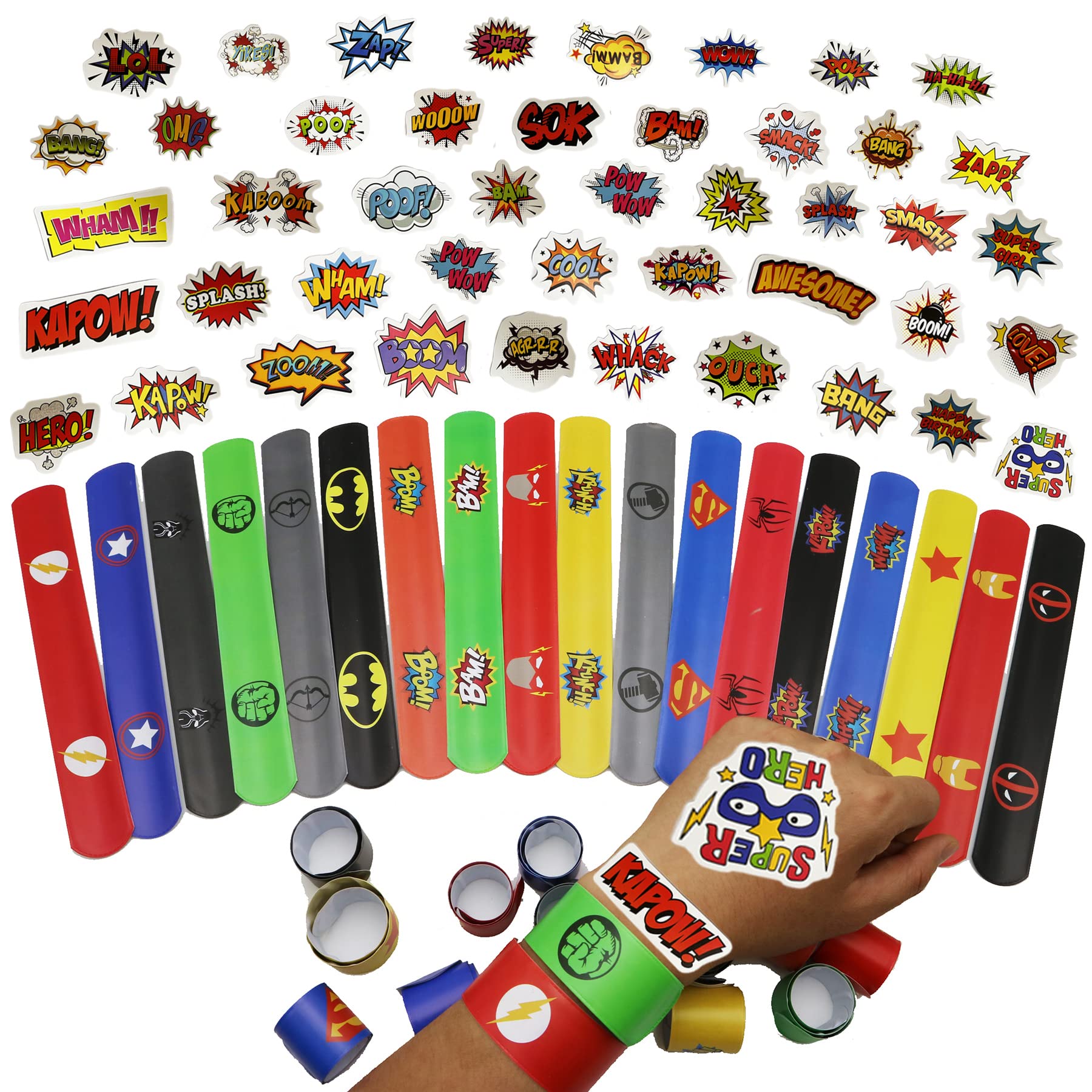 48p Su-perhero Stickers&18p Slap Bracelets Wristband Slap Bands for Kids Su-perhero Avengers Party Bag Filler,Snap Bracelet Bands Bulk for Kids Boys Birthday Party Favors,Classroom Prizes Gift