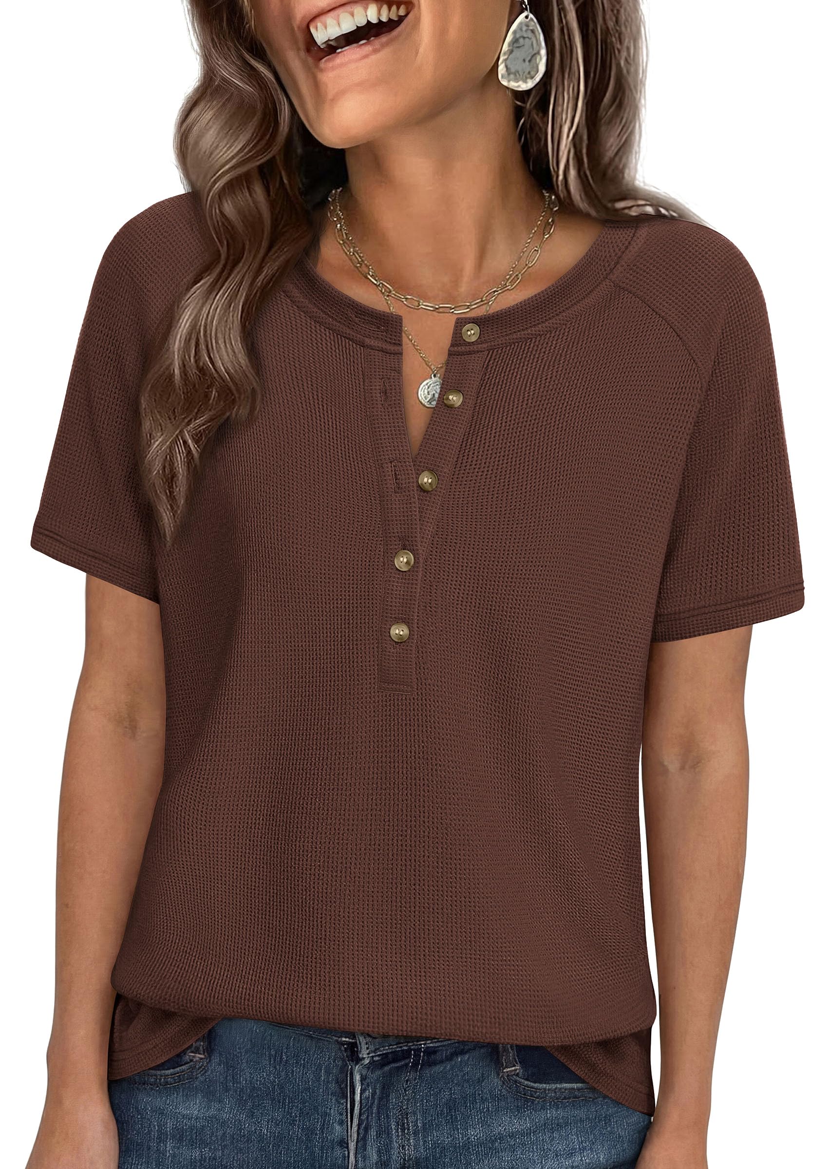 PRETTYGARDEN Waffle Knit Tops for Women Short Sleeve Henley Shirts 2026 Summer Blouses Dressy Casual Spring Fashion Clothes — view 9