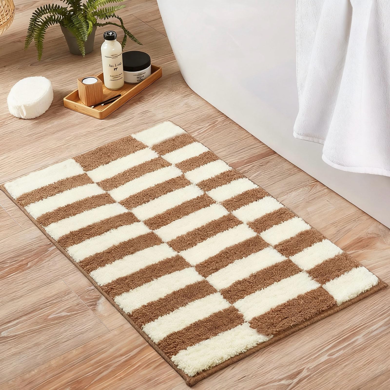 Bathroom Rugs Mat 20x32 Brown Cream Striped Bath Mat Extra Soft Microfiber Tan Bath Rug Non-Slip Absorbent Shaggy