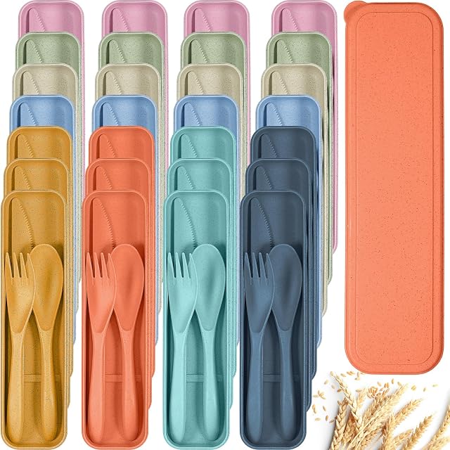 Yahenda 28 Sets Reusable Travel Utensils Set with Case Wheat Straw Cutlery Portable Spoon Knife Forks Plastic Tableware