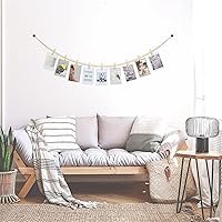 Vista 6 de KLOGTSIND Decoración de pared para colgar fotos, 3 piezas, guirnalda de cuentas de madera bohemia, marco de fotos con 9 clips de madera