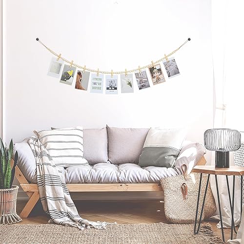 Miniatura 7 de KLOGTSIND Decoración de pared para colgar fotos, 2 unidades, guirnalda de cuentas de madera bohemia con 9 clips de madera para dormitorio, sala de